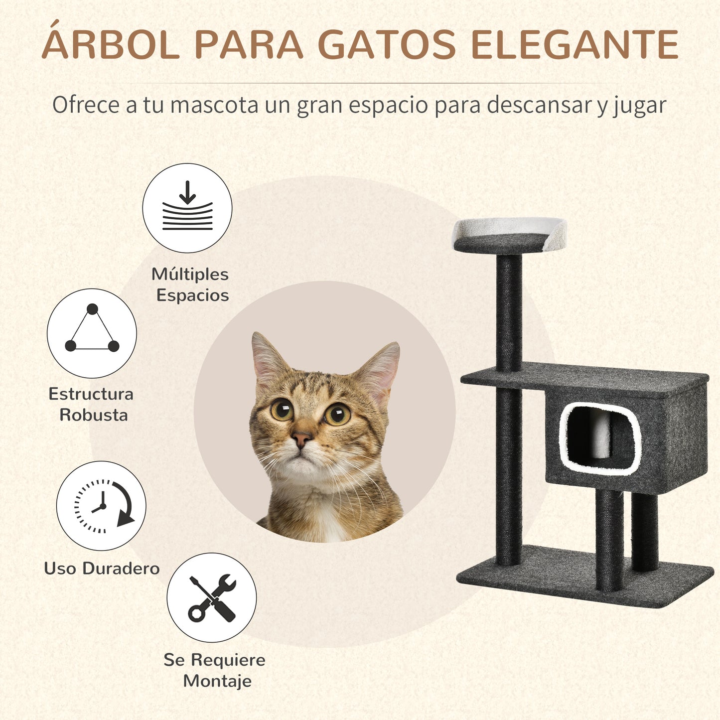 PawHut Árbol para Gatos 70x41x112 cm Torre Escalador para Gatos con Cueva Plataforma y Postes Rascadores de Sisal para Arañar Gris Oscuro