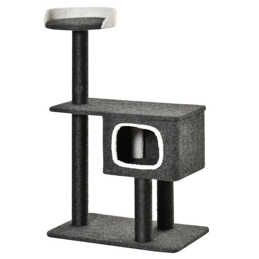 PawHut Árbol para Gatos 70x41x112 cm Torre Escalador para Gatos con Cueva Plataforma y Postes Rascadores de Sisal para Arañar Gris Oscuro