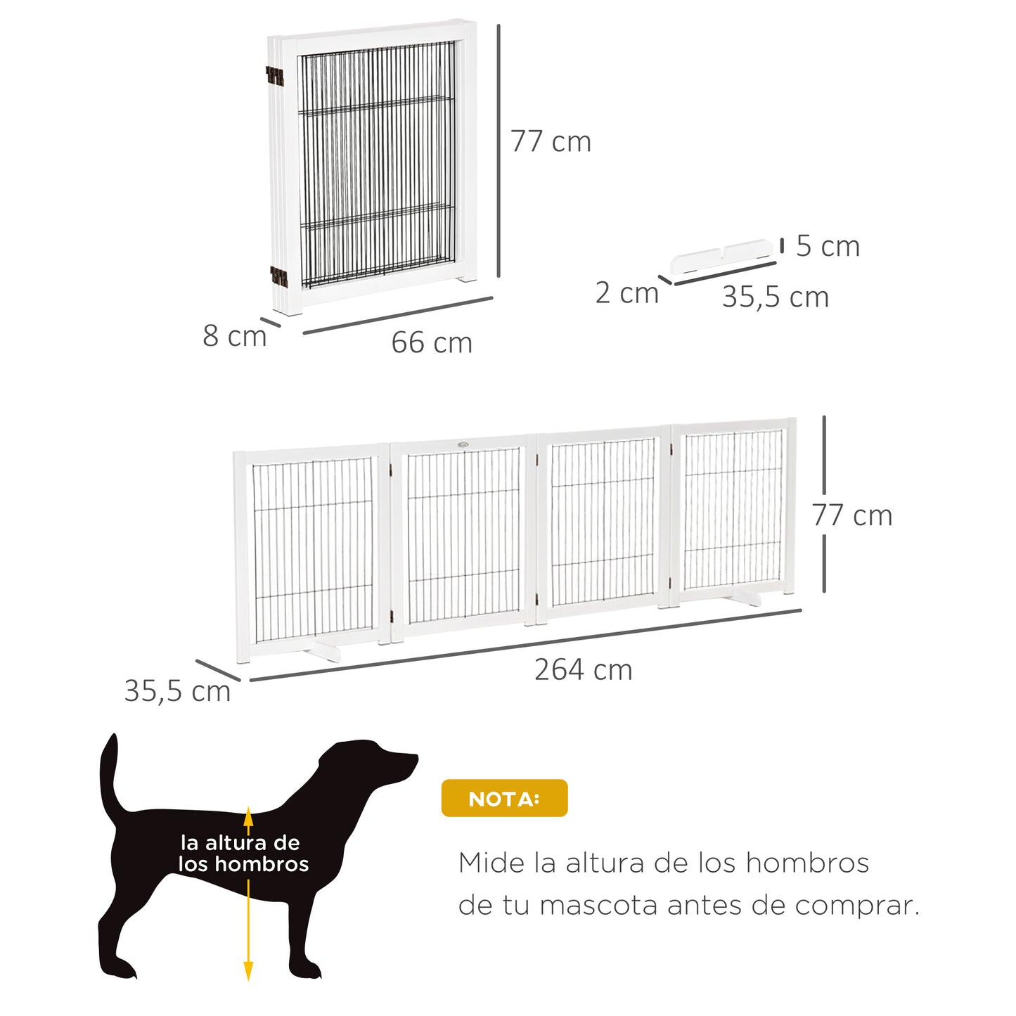 PawHut Barrera de Seguridad para Perros Plegable Barrera para Perros en Casa de 4 Paneles con Patas y Marco de Madera para Puertas Escaleras Pasillos 264x35,5x77 cm Blanco