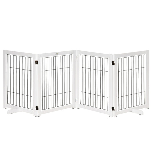 PawHut Barrera de Seguridad para Perros Plegable Barrera para Perros en Casa de 4 Paneles con Patas y Marco de Madera para Puertas Escaleras Pasillos 264x35,5x77 cm Blanco