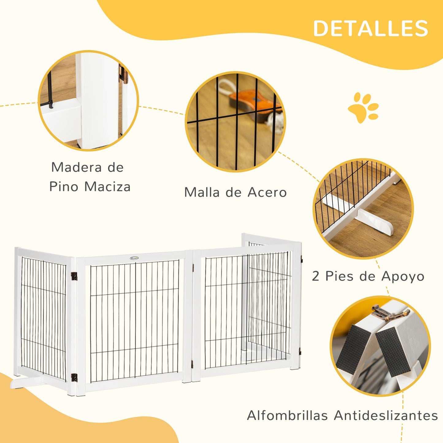 PawHut Barrera de Seguridad para Perros Plegable Barrera para Perros en Casa de 4 Paneles con Patas y Marco de Madera para Puertas Escaleras Pasillos 264x35,5x77 cm Blanco