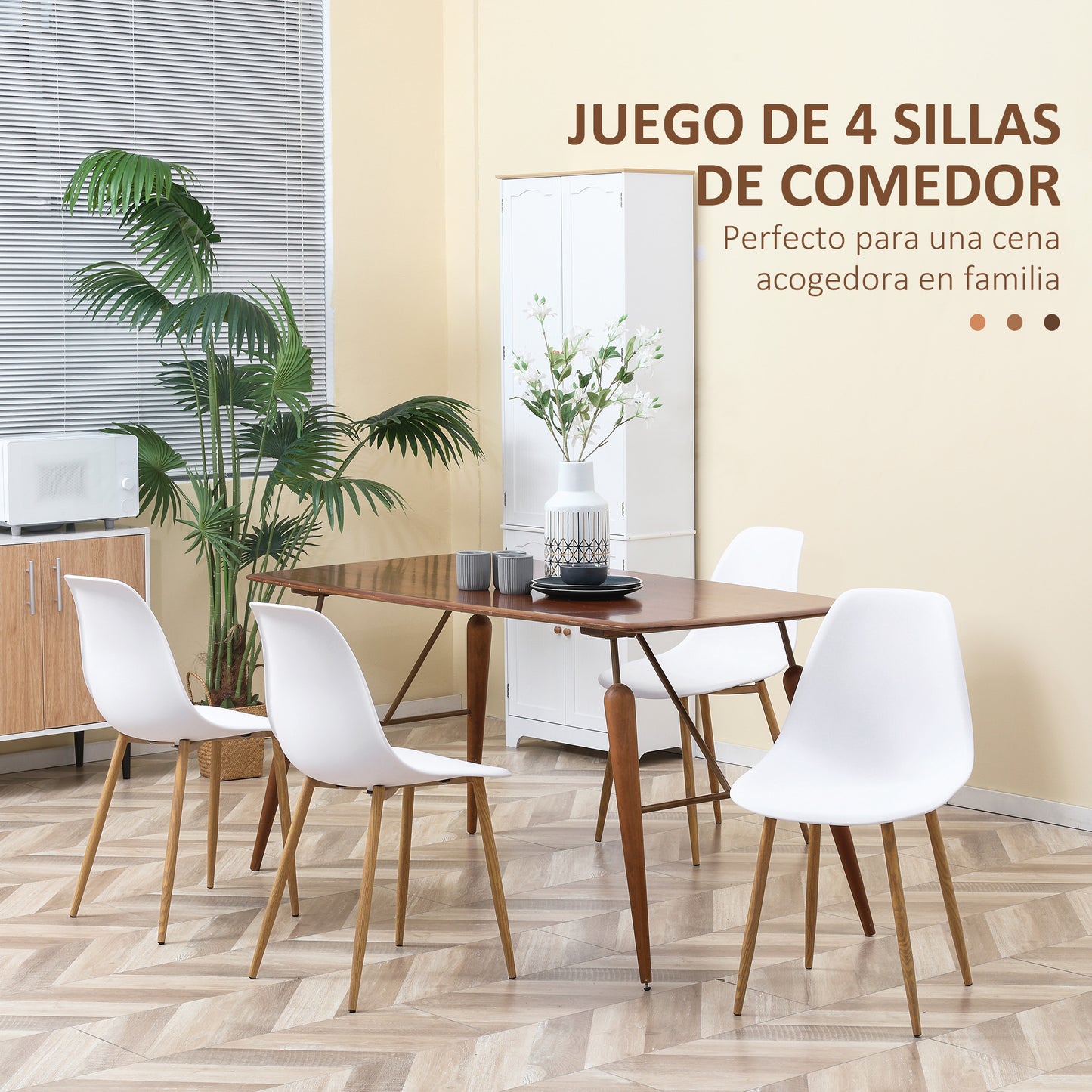 HOMCOM Pack de 4 Sillas de Comedor Sillas de Cocina con Respaldo Alto y Patas de Metal para Salón 45x52x85,5 cm Blanco y Natural