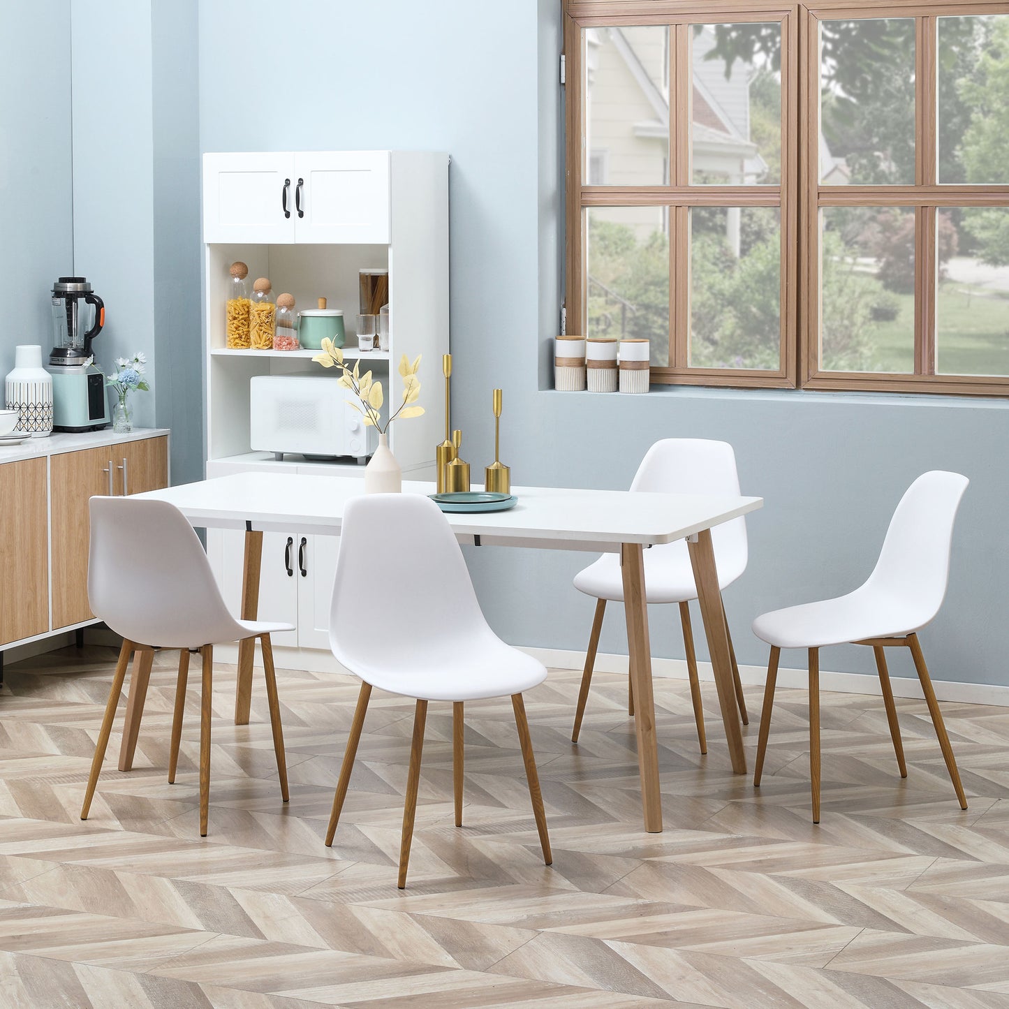 HOMCOM Pack de 4 Sillas de Comedor Sillas de Cocina con Respaldo Alto y Patas de Metal para Salón 45x52x85,5 cm Blanco y Natural