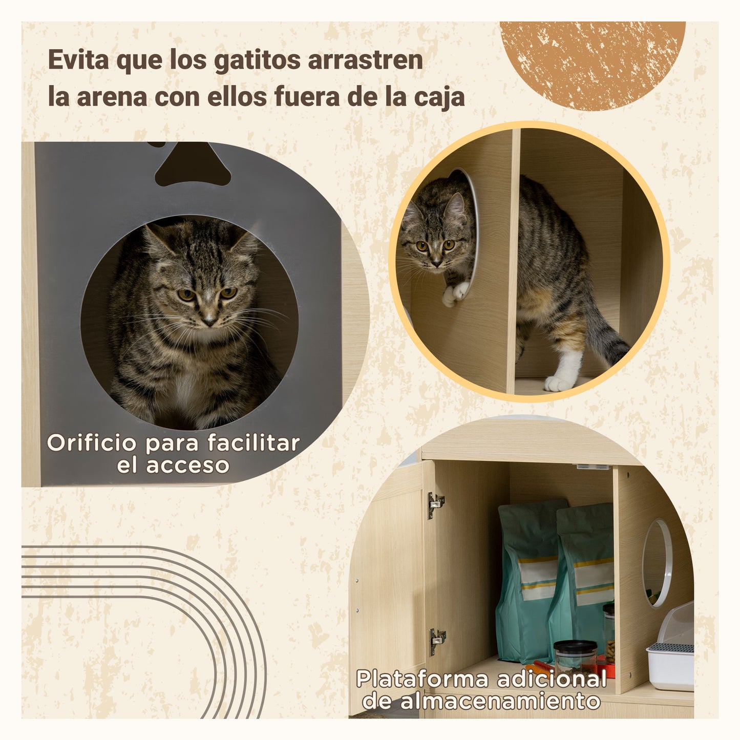 PawHut Arenero para Gatos de Madera con 2 Puertas Mueble Arenero para Gatos con Cama Cojín Suave 3 Plataformas y Postes de Sisal 107x54x70 cm Roble