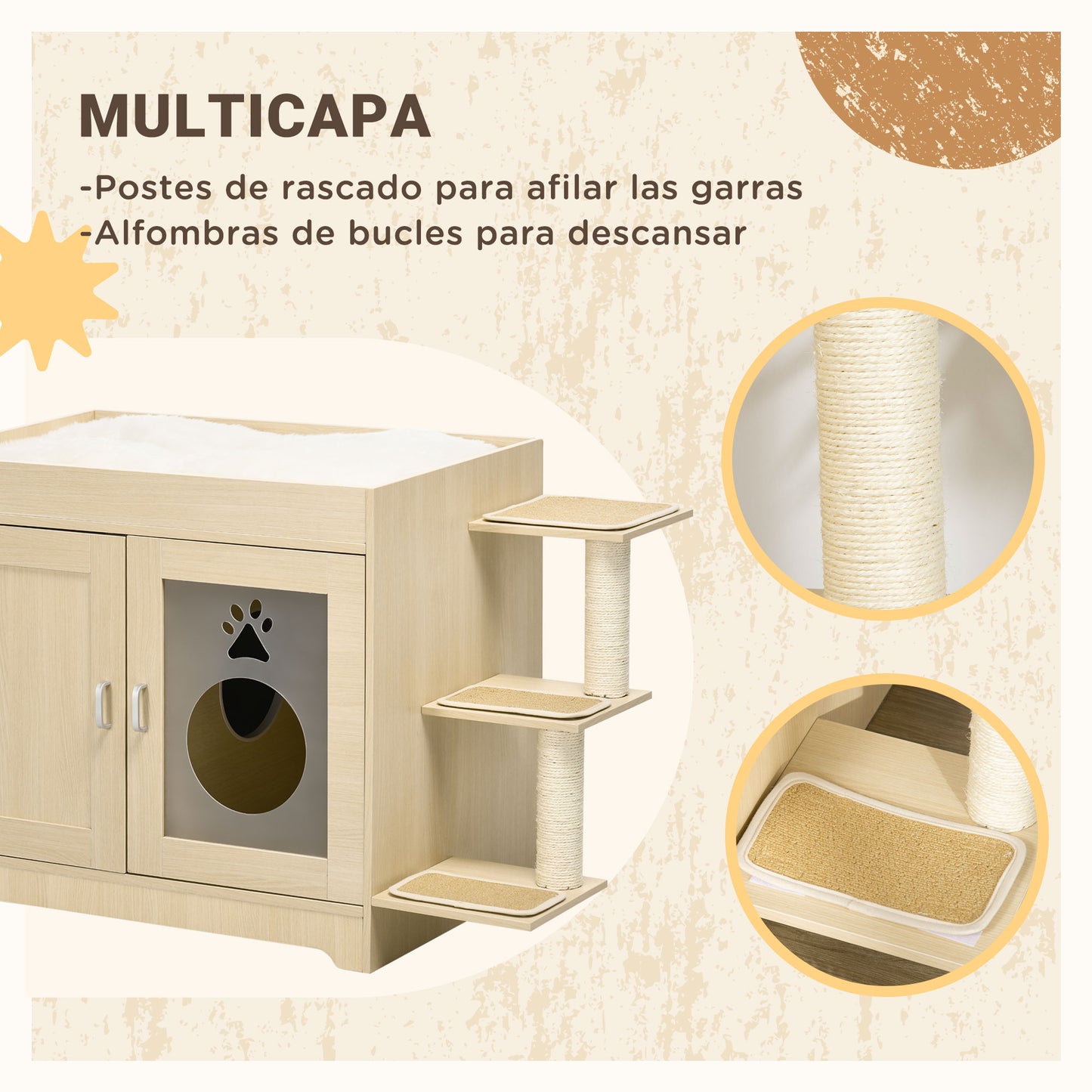 PawHut Arenero para Gatos de Madera con 2 Puertas Mueble Arenero para Gatos con Cama Cojín Suave 3 Plataformas y Postes de Sisal 107x54x70 cm Roble