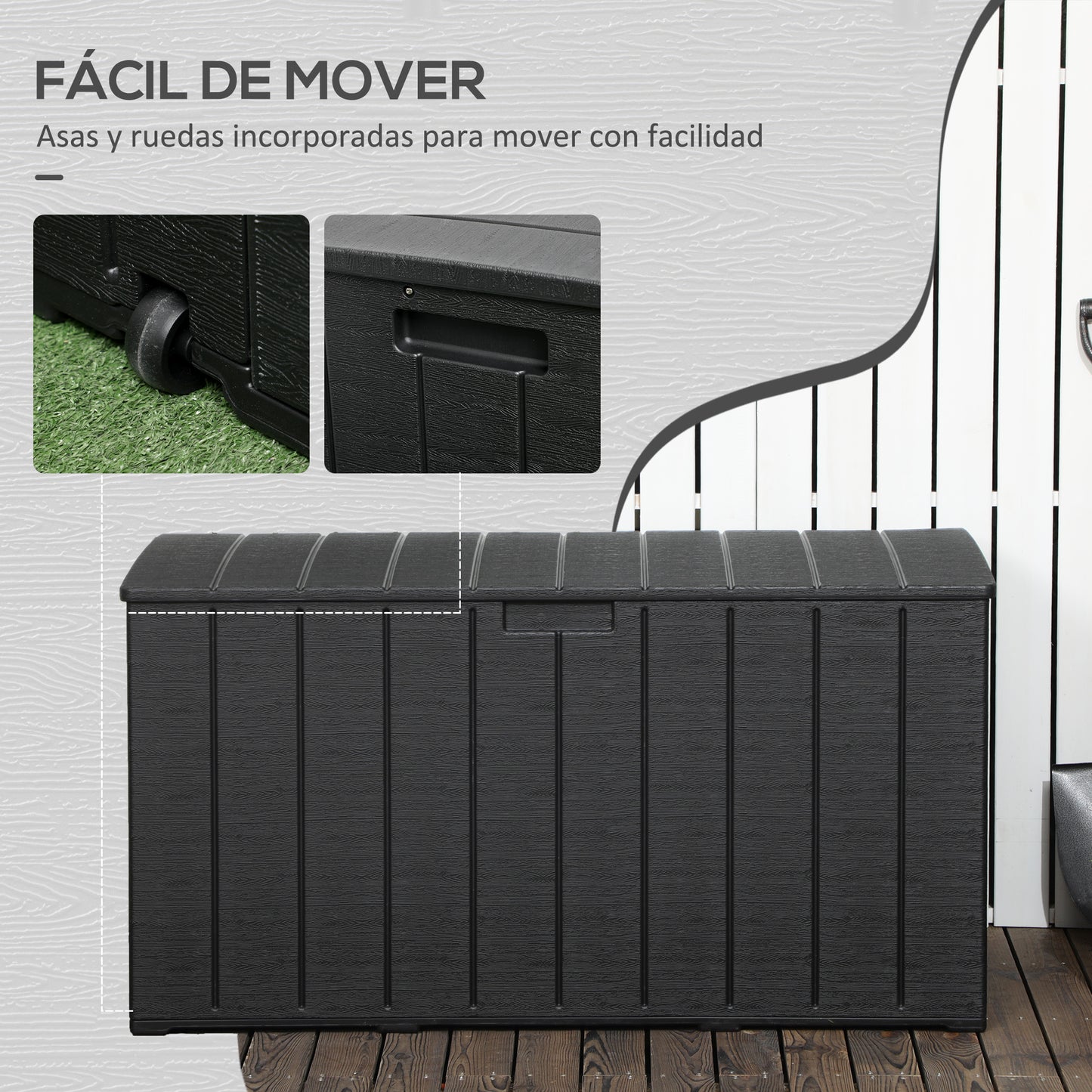 Outsunny Baúl de Almacenamiento Exterior 366L Arcón para Jardín de Plástico de Doble Pared con Ruedas y Asas para Terraza Patio Carga 100 kg 122,4x62x64,5 cm Negro