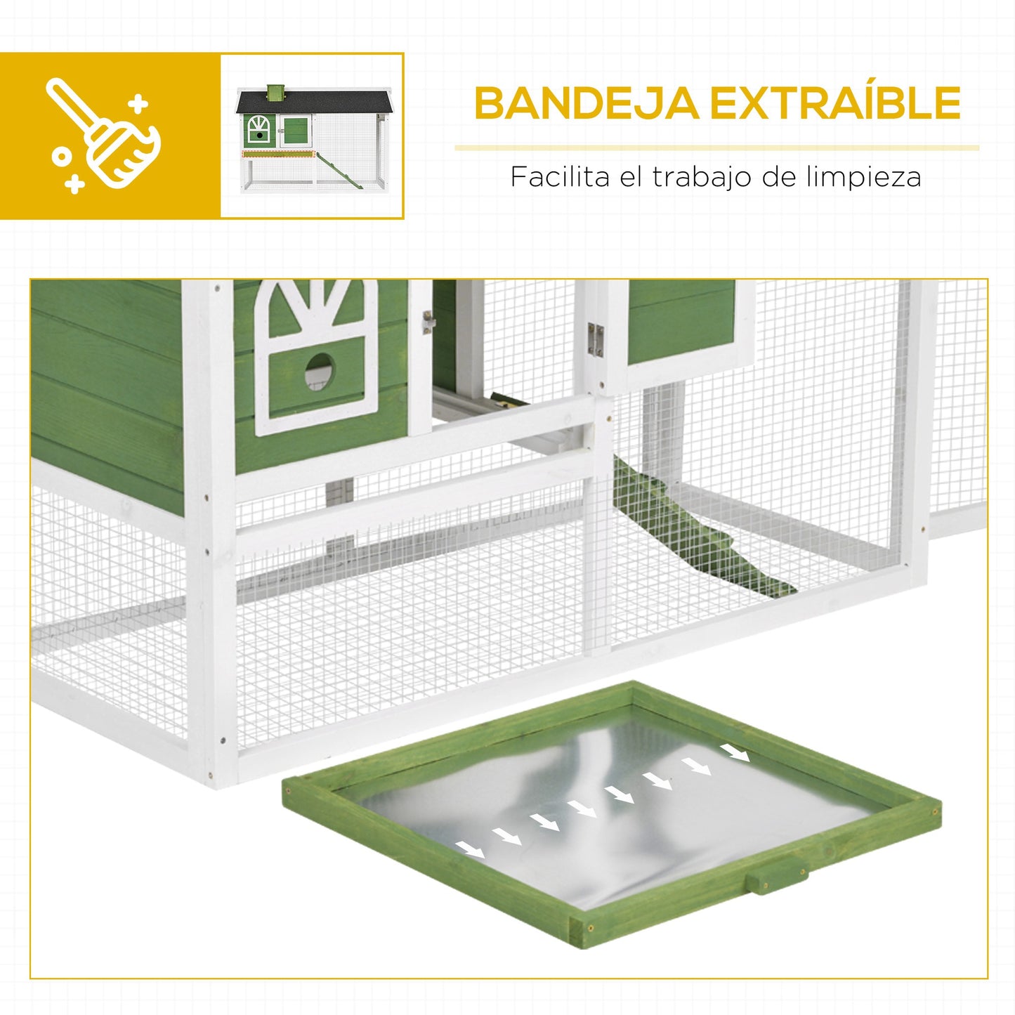 PawHut Conejera de Madera 120x60x79 cm Jaula para Conejos Grande con Techo Asfáltico Bandeja Extraíble Escalera y Chimenea para Exterior Verde