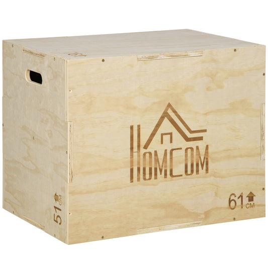 HOMCOM Caja Pliométrica de Madera 3 en 1 Caja de Salto con 2 Mango Hueco Entrenamiento de Fuerza en Casa Oficina Gimnasia CrossFit Carga 120 kg 61x51x76 cm Madera Natural