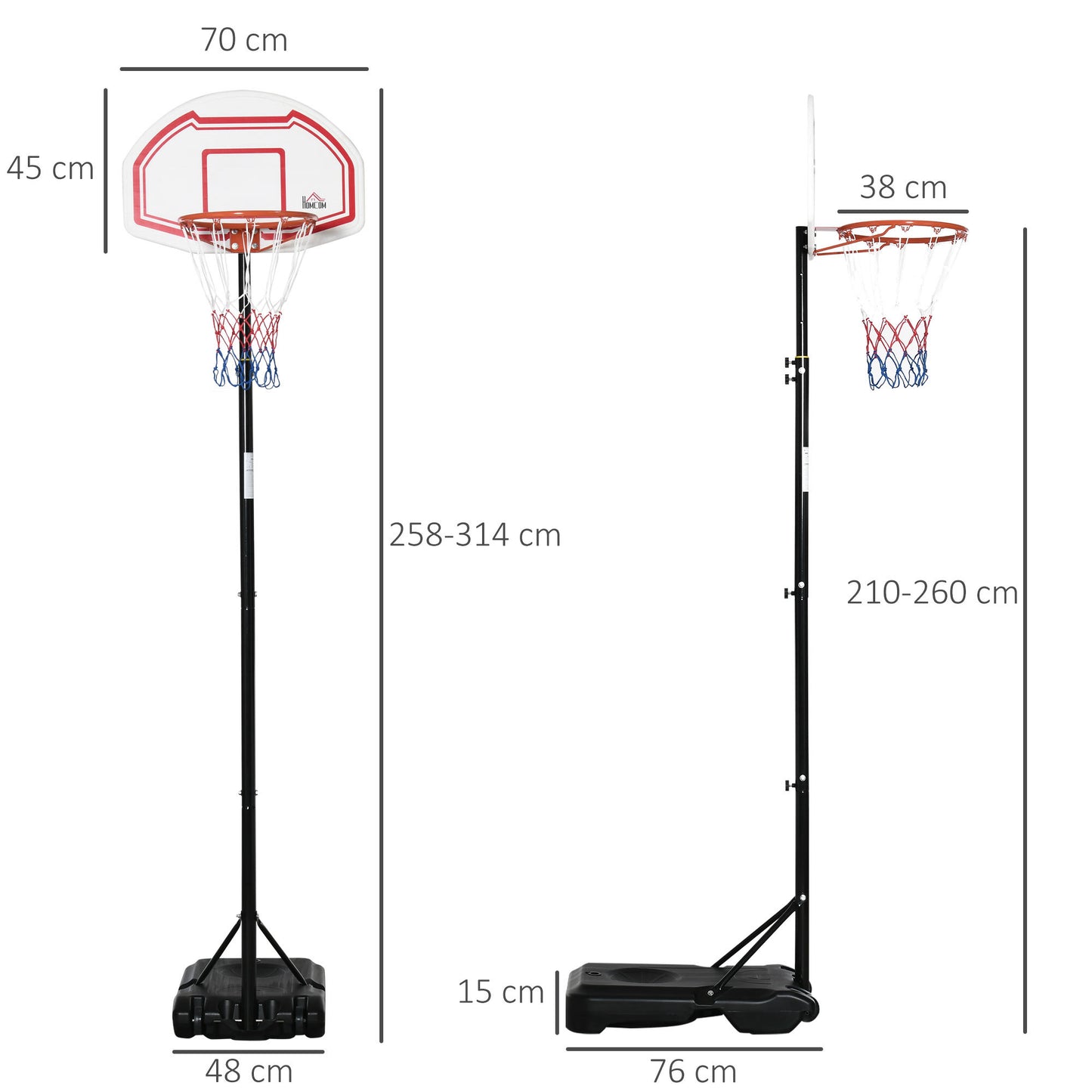 HOMCOM Canasta de Baloncesto para Exterior con Altura Ajustable 258-314 cm Aro de Baloncesto con Ruedas y Base Rellenable para Adolescentes y Adultos Negro y Rojo