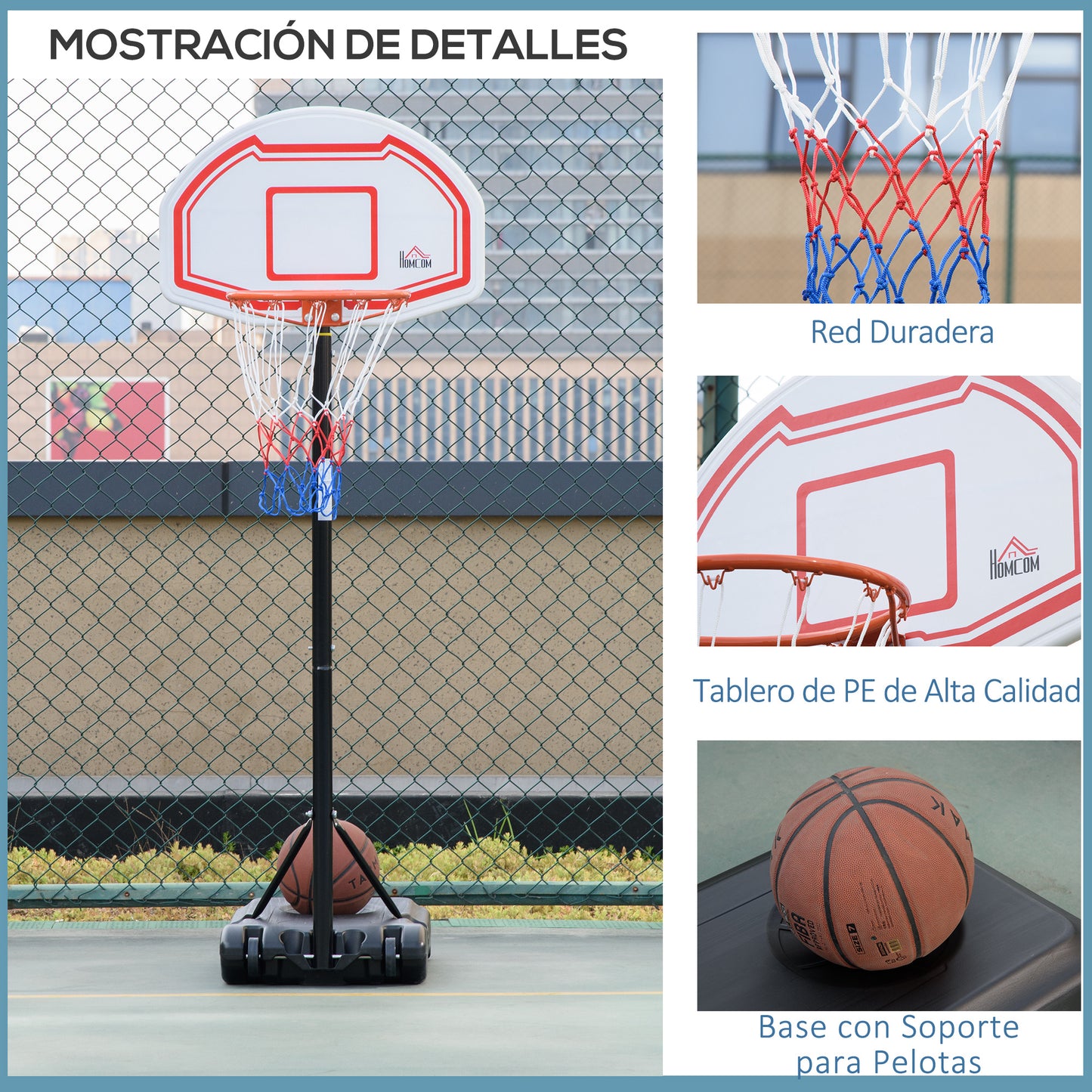 HOMCOM Canasta de Baloncesto para Exterior con Altura Ajustable 258-314 cm Aro de Baloncesto con Ruedas y Base Rellenable para Adolescentes y Adultos Negro y Rojo