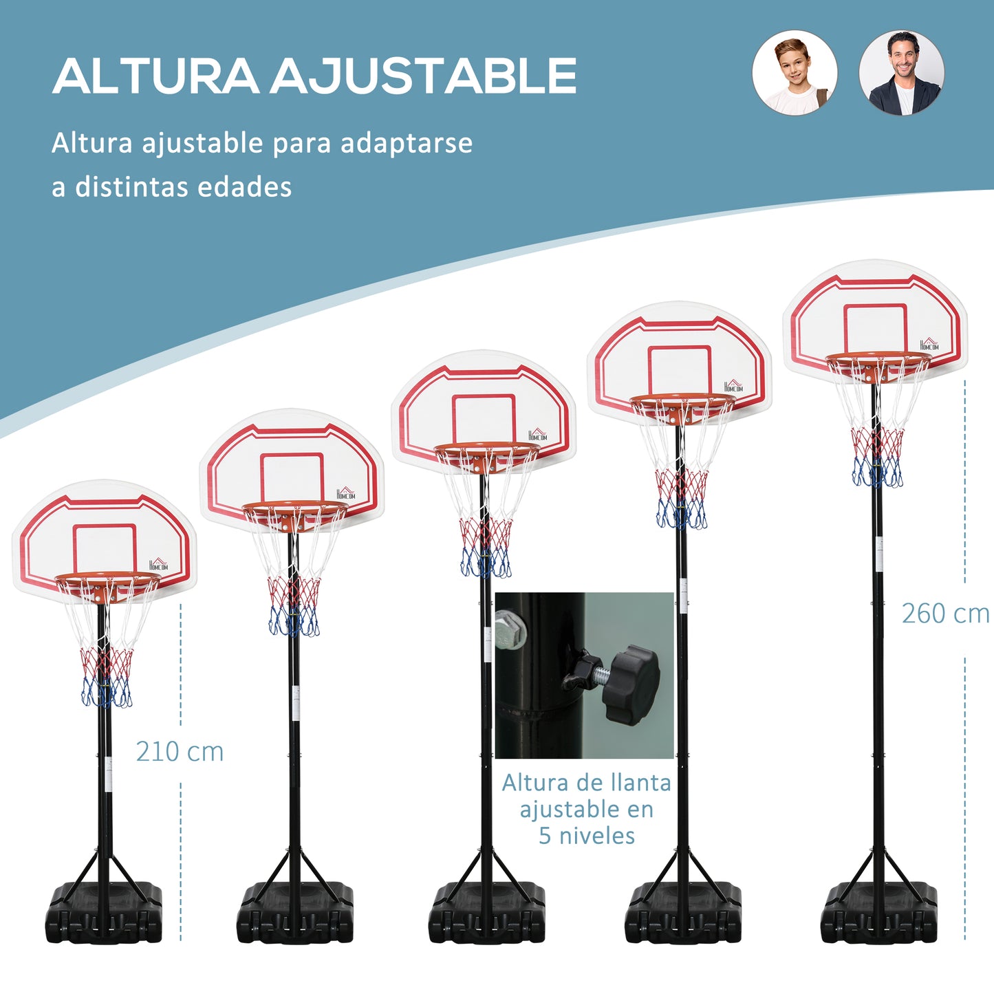 HOMCOM Canasta de Baloncesto para Exterior con Altura Ajustable 258-314 cm Aro de Baloncesto con Ruedas y Base Rellenable para Adolescentes y Adultos Negro y Rojo