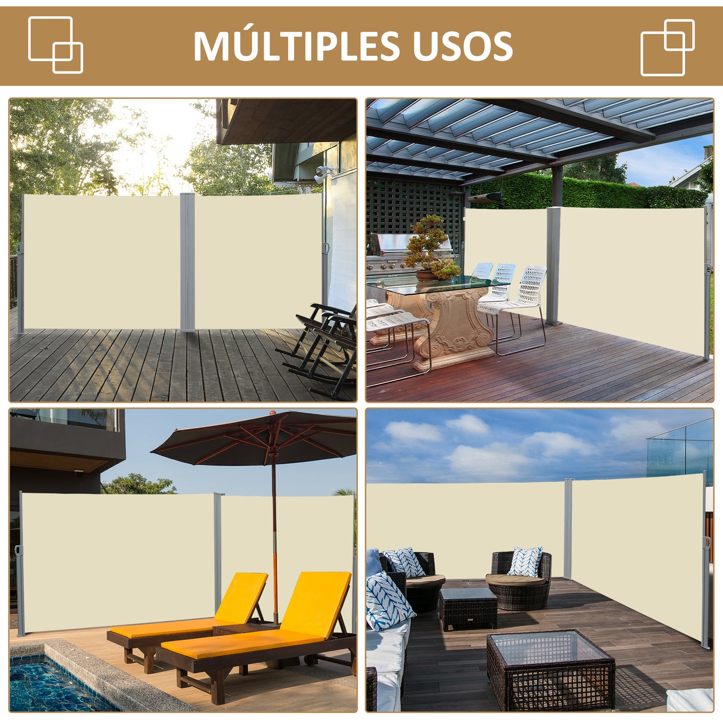 Outsunny Toldo Lateral Retráctil 300x180 cm Pantalla Enrollable Mampara de Privacidad Impermeable y Anti-UV Protege la Privacidad para Jardín Balcón Terraza Crema