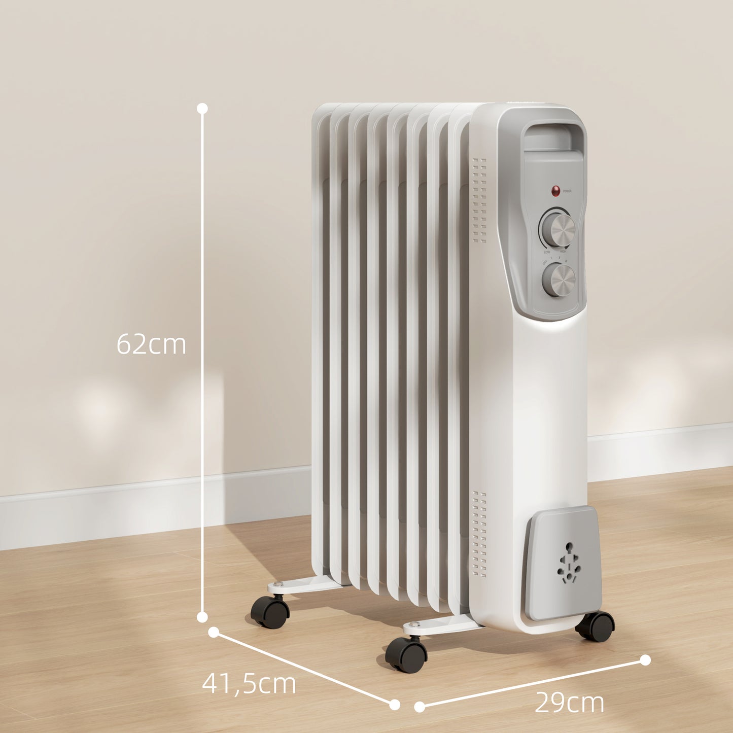 HOMCOM Radiador de Aceite Silencioso 2000W Radiador Eléctrico bajo Consumo con 9 Elementos Temperatura Ajustable Protección contra Sobrecalentamiento 3 Configuraciones de Calor para 25 m² Blanco