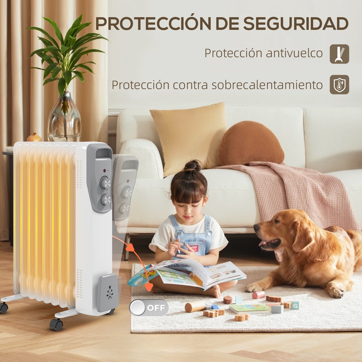 HOMCOM Radiador de Aceite Silencioso 2000W Radiador Eléctrico bajo Consumo con 9 Elementos Temperatura Ajustable Protección contra Sobrecalentamiento 3 Configuraciones de Calor para 25 m² Blanco