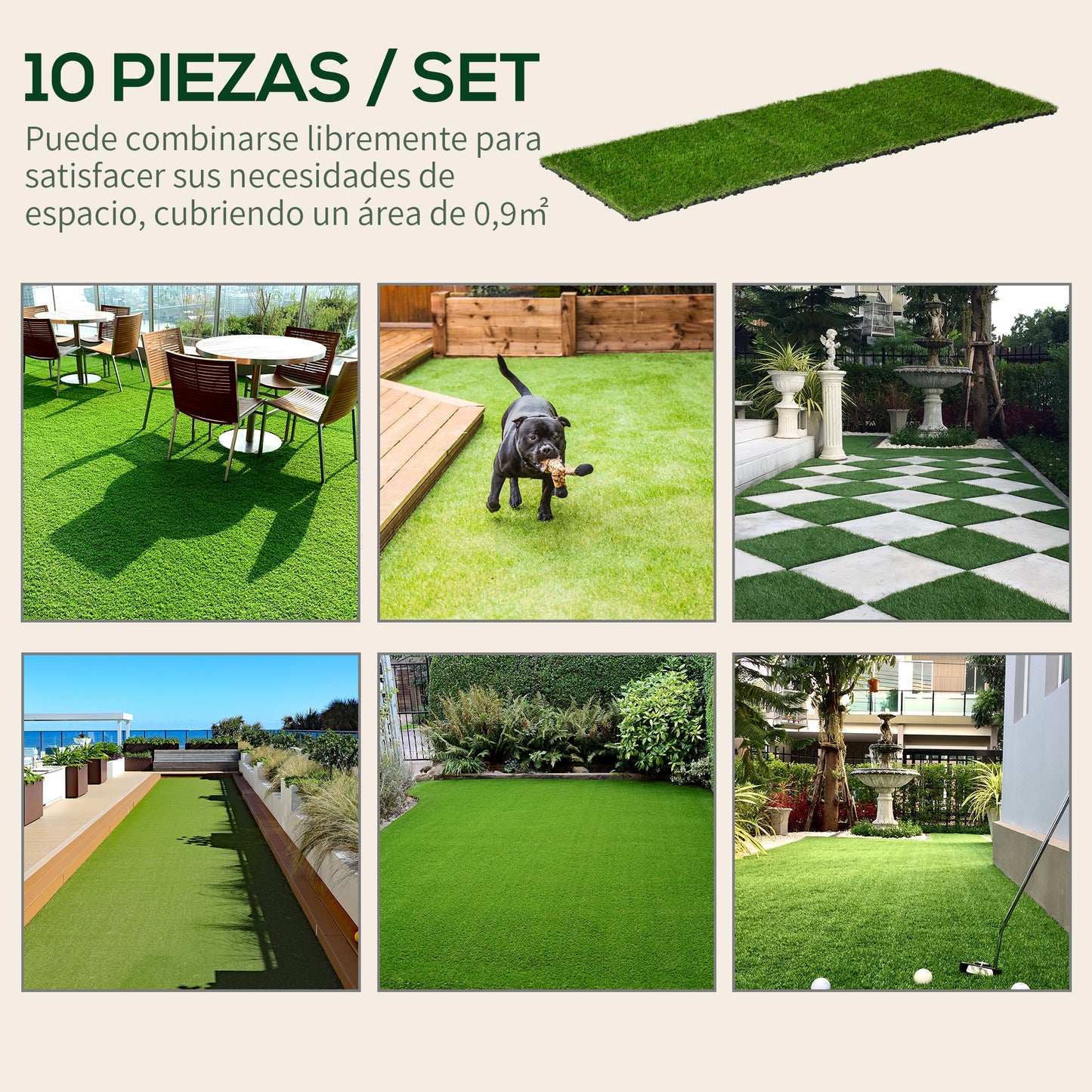 Outsunny Césped Artificial 30x30 cm 10 Piezas con Altura de Hierba 25mm Alta Densidad de 6500 Tipo Alfombra o Estera de Hierba Sintética de Exterior para Jardín y Terraza Verde