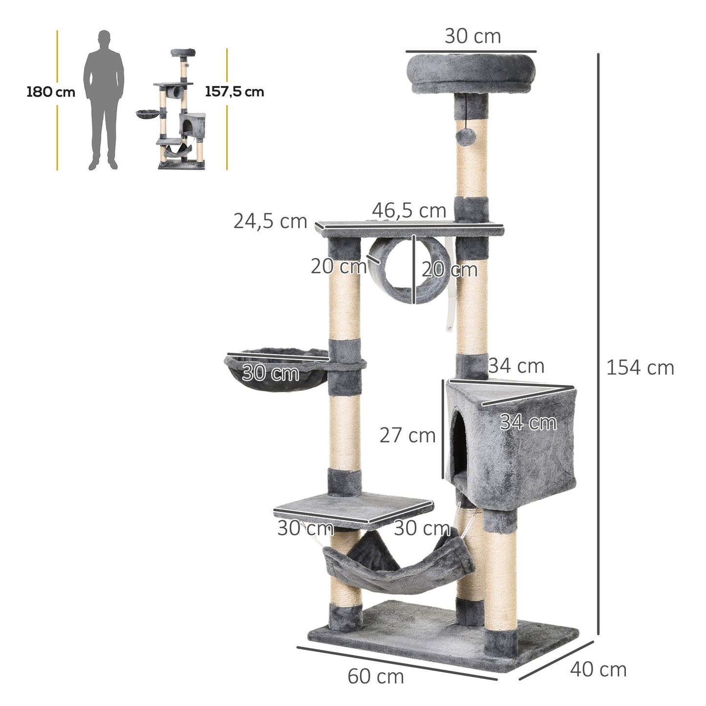 PawHut Árbol Rascador para Gatos 154 cm de Altura Torre para Gatos con Plataformas Túnel Hamaca y Postes de Rascado de Sisal 60x40x154 cm Gris