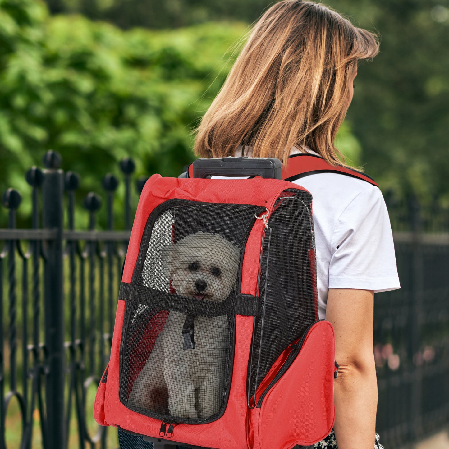 PawHut Transportin Carrito Perro 2 en 1 Mochila Carrito 42x25x55 cm Mascotas Perro Gato Rojo