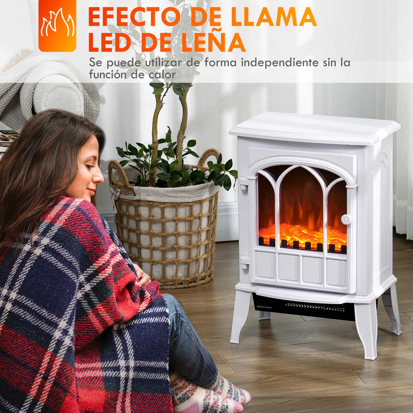 HOMCOM Chimenea Eléctrica 1000W/2000W Chimenea Decorativa con Ventana Efecto de Llama Temperatura Ajustable y Protección Sobrecalentamiento para 15-30 ㎡ 39x23x56,5 cm Blanco