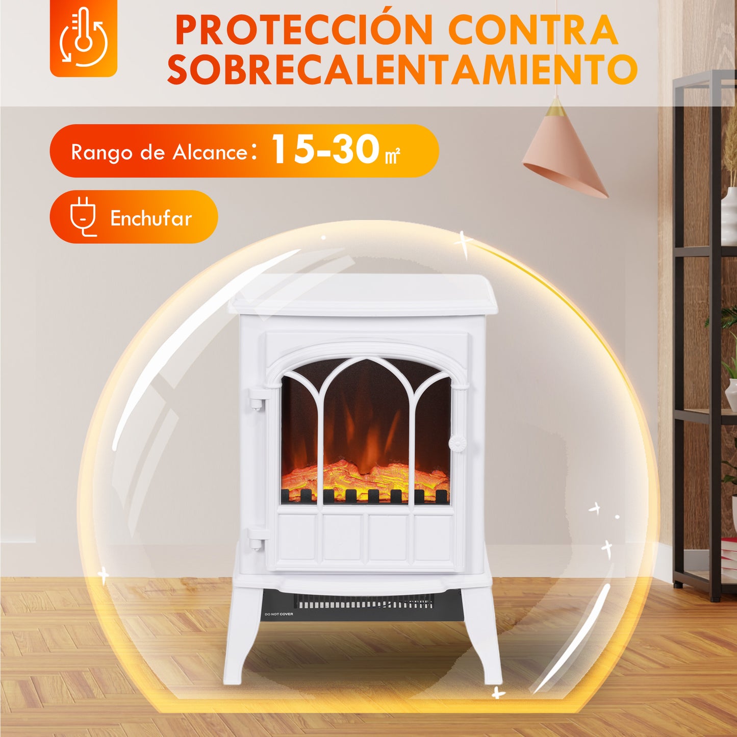 HOMCOM Chimenea Eléctrica 1000W/2000W Chimenea Decorativa con Ventana Efecto de Llama Temperatura Ajustable y Protección Sobrecalentamiento para 15-30 ㎡ 39x23x56,5 cm Blanco