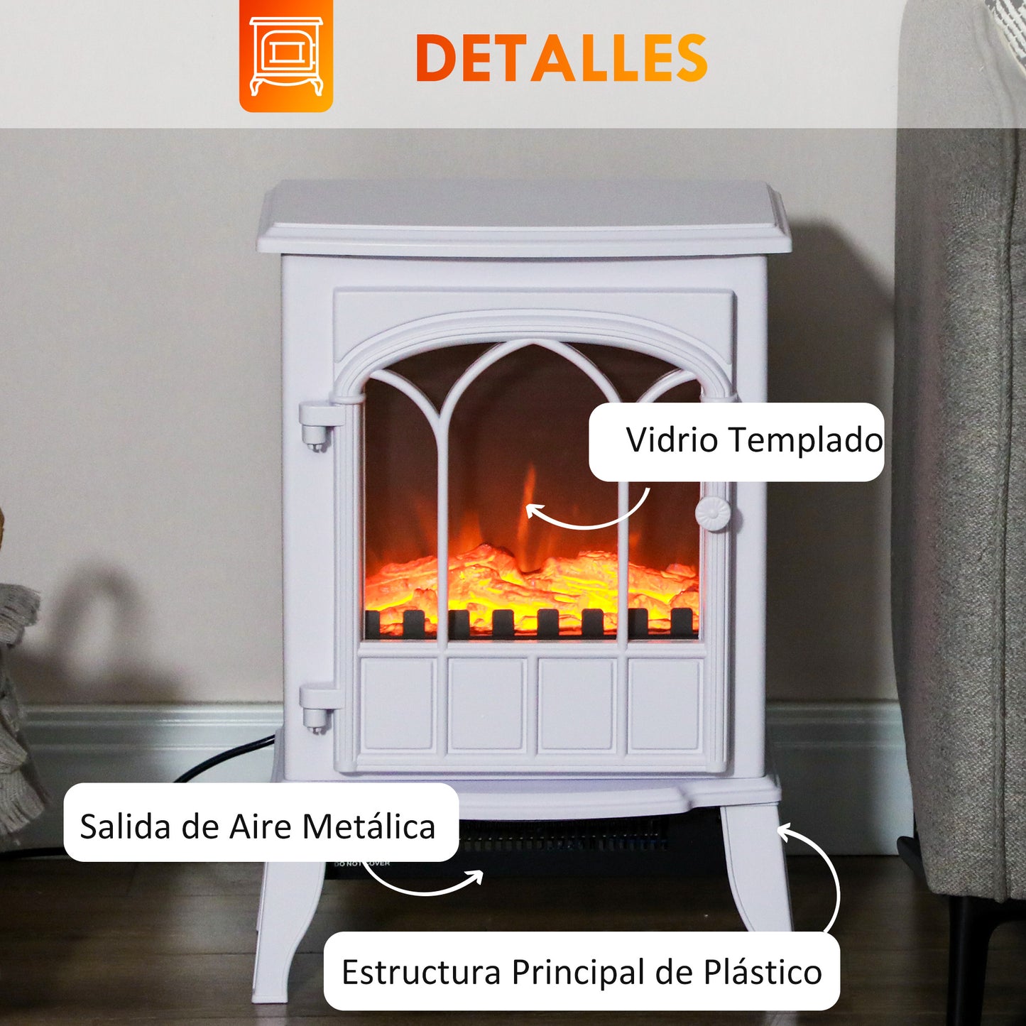 HOMCOM Chimenea Eléctrica 1000W/2000W Chimenea Decorativa con Ventana Efecto de Llama Temperatura Ajustable y Protección Sobrecalentamiento para 15-30 ㎡ 39x23x56,5 cm Blanco