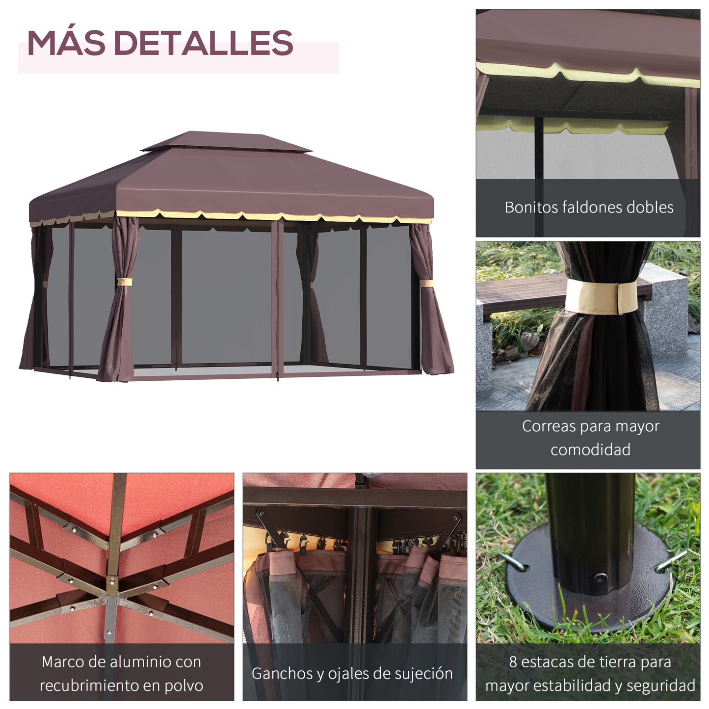 Outsunny Cenador de Jardín 4x3 m Gazebo de Aluminio con Techo de Ventilación 4 Cortinas Laterales 4 Mosquiteras y 8 Orificios de Drenaje para Fiestas Eventos Exterior Café