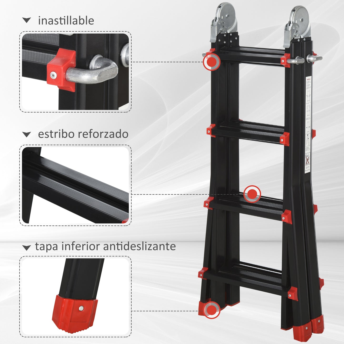 HOMCOM Escalera Telescópica de Aluminio 4 m Escalera Extensible Plegable con 8 Peldaños Ajustables y 2 Formas Escalera Multiusos Carga 150 kg Negro y Rojo