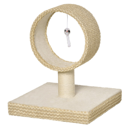 PawHut Árbol para Gatos Pequeño 61x41x50 cm Torre de Rascado de Gato con Túnel Superior Poste Rascador de Yute Natural y Juguete de Rata Colgante Beige