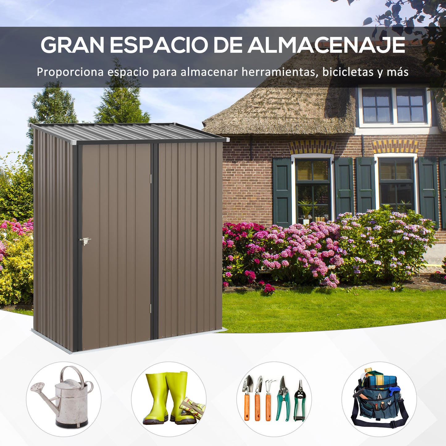 Outsunny Cobertizo de Jardín de Exterior 1,34 m² 161,5x94,5x196 cm Caseta de Jardín Metálica con 1 Puerta y Cerradura para Almacenamiento de Herramientas en Patio Terraza Marrón