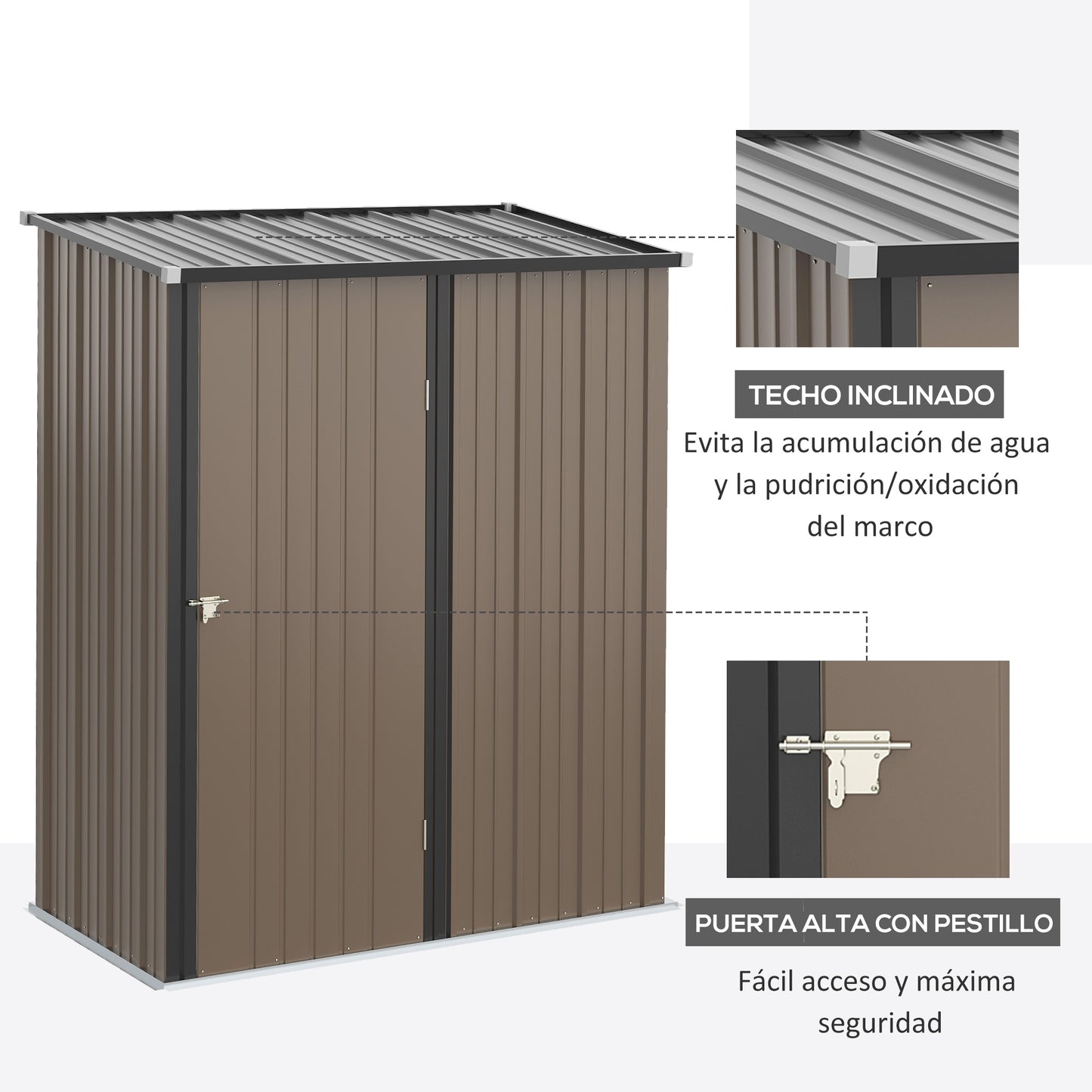 Outsunny Cobertizo de Jardín de Exterior 1,34 m² 161,5x94,5x196 cm Caseta de Jardín Metálica con 1 Puerta y Cerradura para Almacenamiento de Herramientas en Patio Terraza Marrón