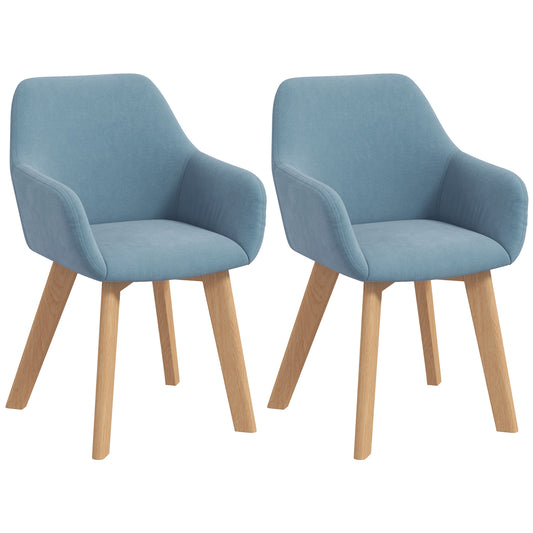 HOMCOM Pack de 2 Sillas de Comedor Modernas Sillas de Cocina Tapizado en Terciopelo con Respaldo Reposabrazos y Patas de Madera Carga 120 kg para Salón Dormitorio 54x57x80 cm Azul Claro