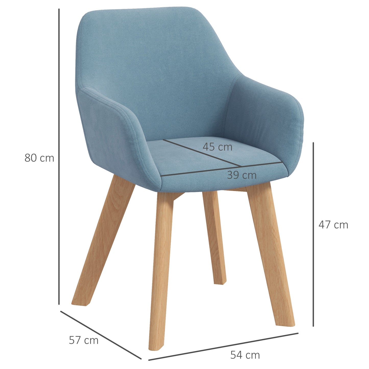 HOMCOM Pack de 2 Sillas de Comedor Modernas Sillas de Cocina Tapizado en Terciopelo con Respaldo Reposabrazos y Patas de Madera Carga 120 kg para Salón Dormitorio 54x57x80 cm Azul Claro