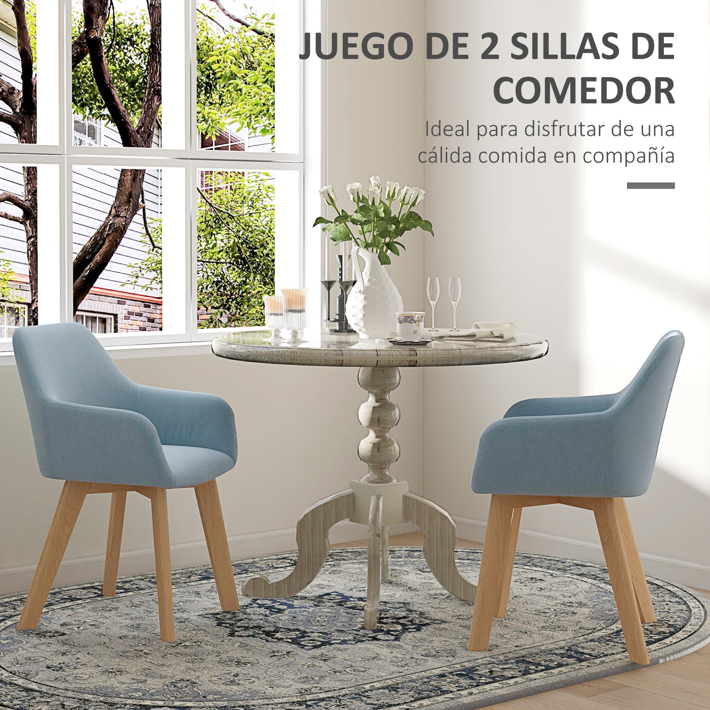 HOMCOM Pack de 2 Sillas de Comedor Modernas Sillas de Cocina Tapizado en Terciopelo con Respaldo Reposabrazos y Patas de Madera Carga 120 kg para Salón Dormitorio 54x57x80 cm Azul Claro