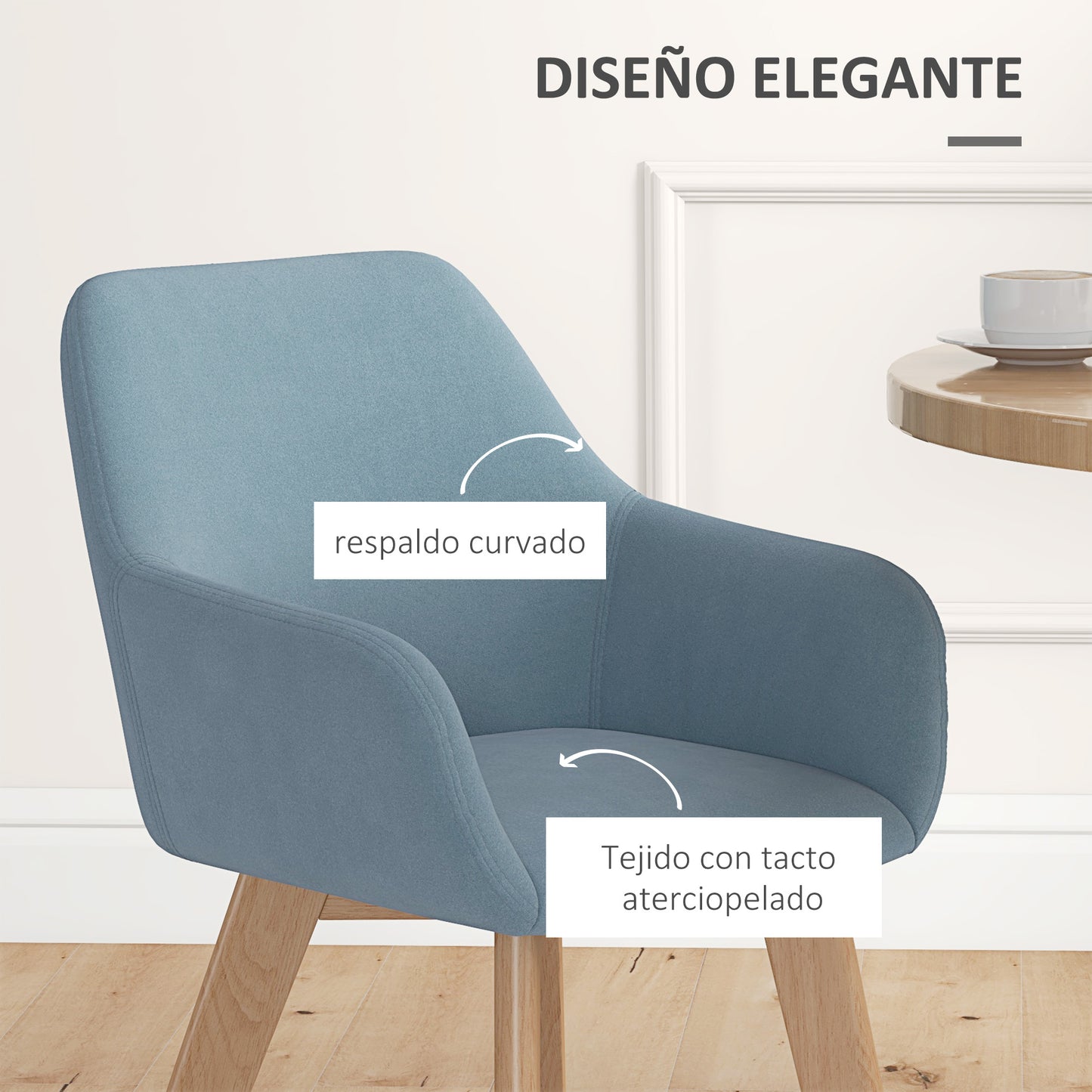 HOMCOM Pack de 2 Sillas de Comedor Modernas Sillas de Cocina Tapizado en Terciopelo con Respaldo Reposabrazos y Patas de Madera Carga 120 kg para Salón Dormitorio 54x57x80 cm Azul Claro