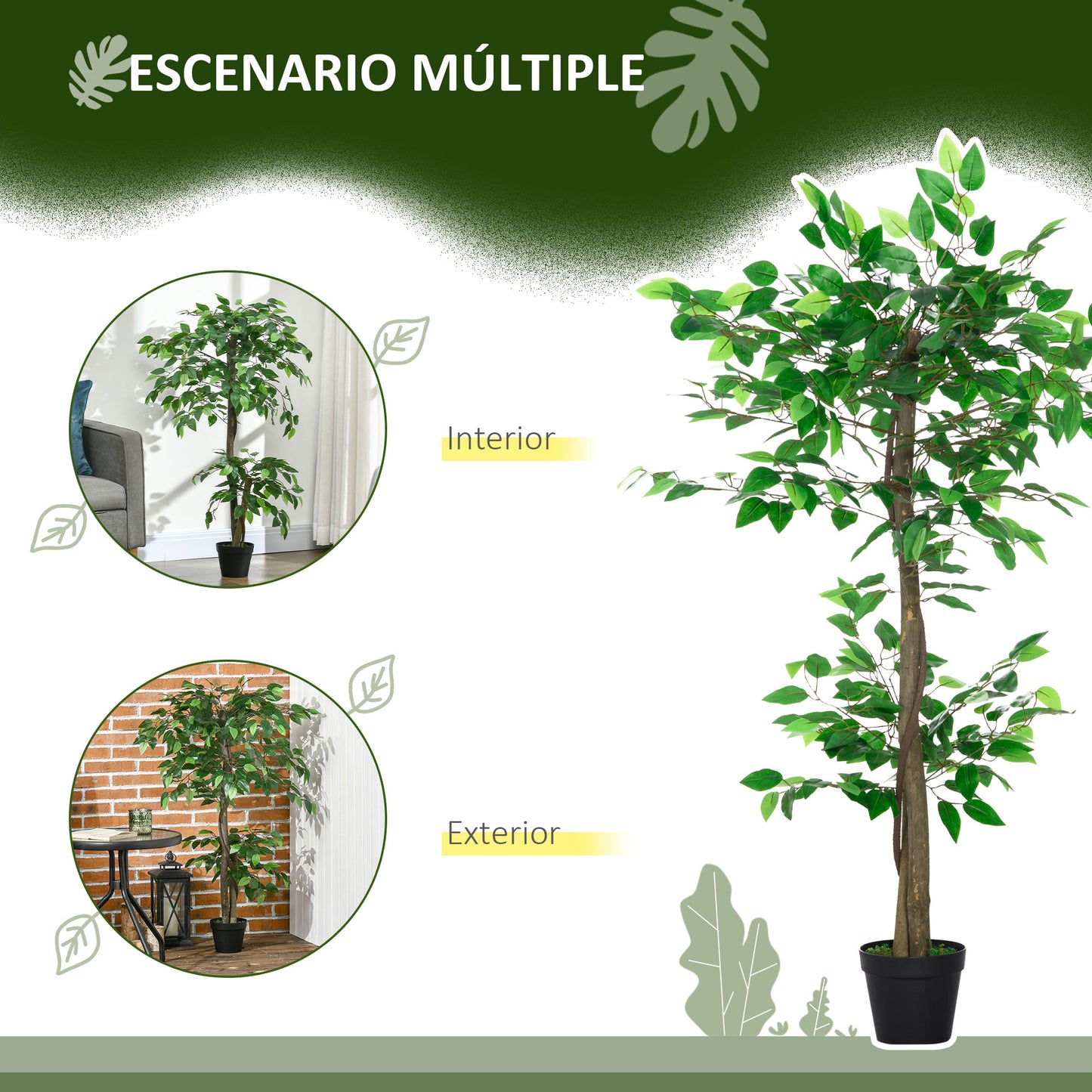 Outsunny Juego de 2 Árboles de Té Artificiales 120 cm Plantas Artificiales con Musgo y Maceta Plantas Artificiales Decorativas para Interior y Exterior Hogar Salón Oficina Verde