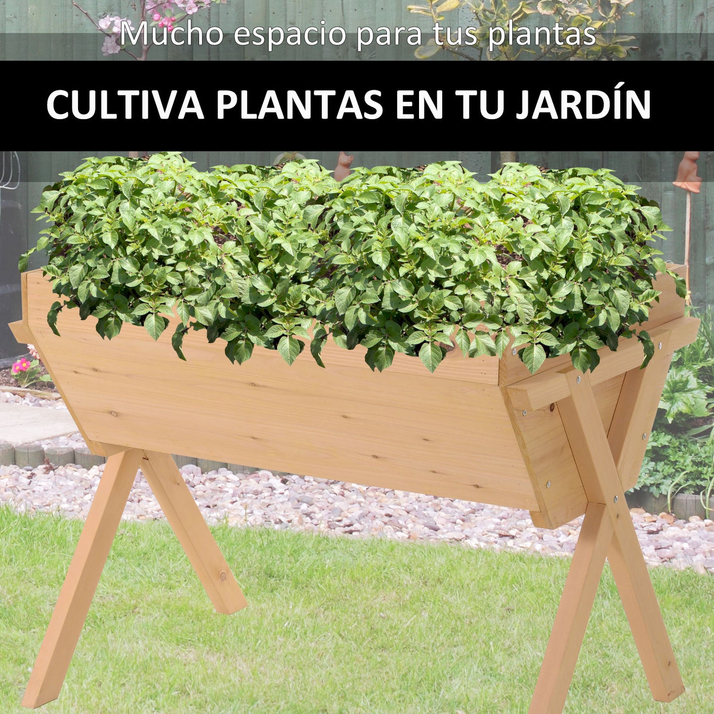 Outsunny Huerto Urbano de Madera 100x70x80 cm Mesa de Cultivo para Plantas Flores Hortalizas con Patas Elevadas 4 Orificios de Drenaje y Tela Geotextil