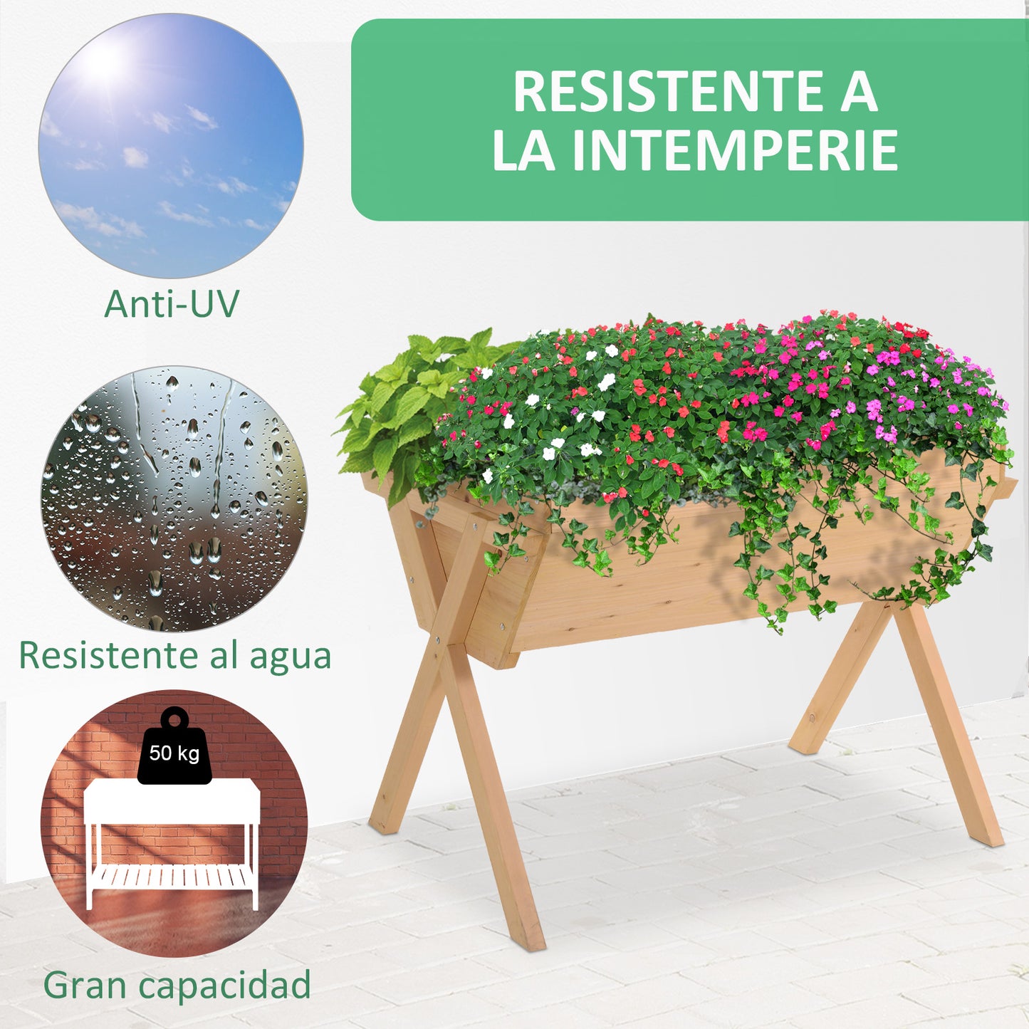 Outsunny Huerto Urbano de Madera 100x70x80 cm Mesa de Cultivo para Plantas Flores Hortalizas con Patas Elevadas 4 Orificios de Drenaje y Tela Geotextil