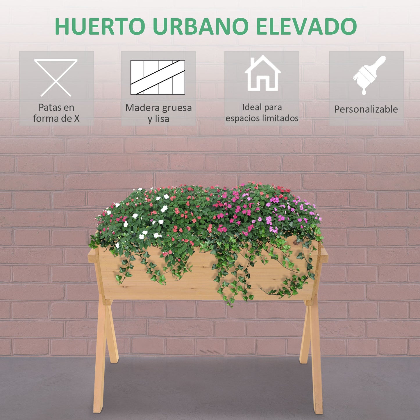 Outsunny Huerto Urbano de Madera 100x70x80 cm Mesa de Cultivo para Plantas Flores Hortalizas con Patas Elevadas 4 Orificios de Drenaje y Tela Geotextil