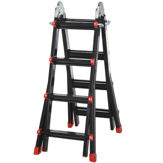 HOMCOM Escalera Telescópica de Aluminio 4 m Escalera Extensible Plegable con 8 Peldaños Ajustables y 2 Formas Escalera Multiusos Carga 150 kg Negro y Rojo