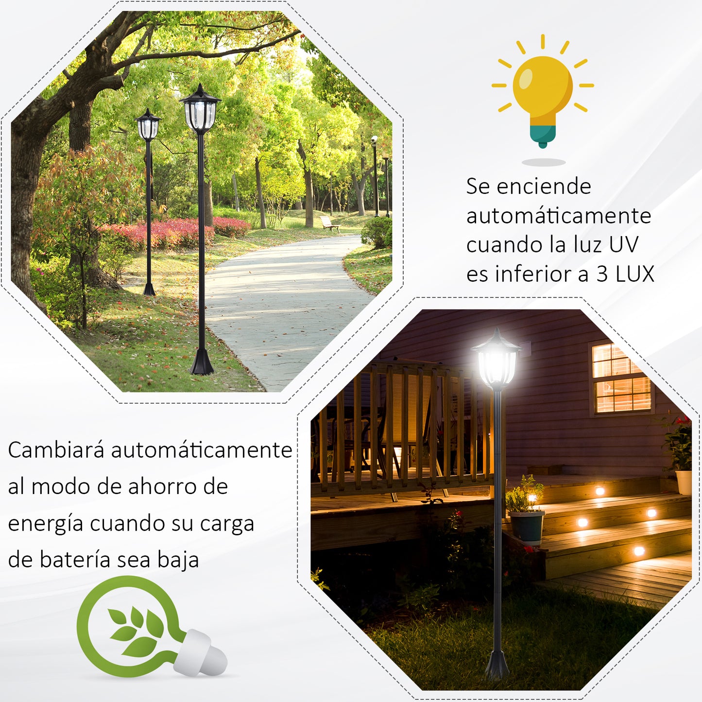 Outsunny Farola Solar con Panel Solar a Cargar Batería Protección al Ambiente 6 LED Perfecto para Noche Encendido Automático Autonomía de 6 Horas Instalar Fácil Negro Ø26,5 x 177cm