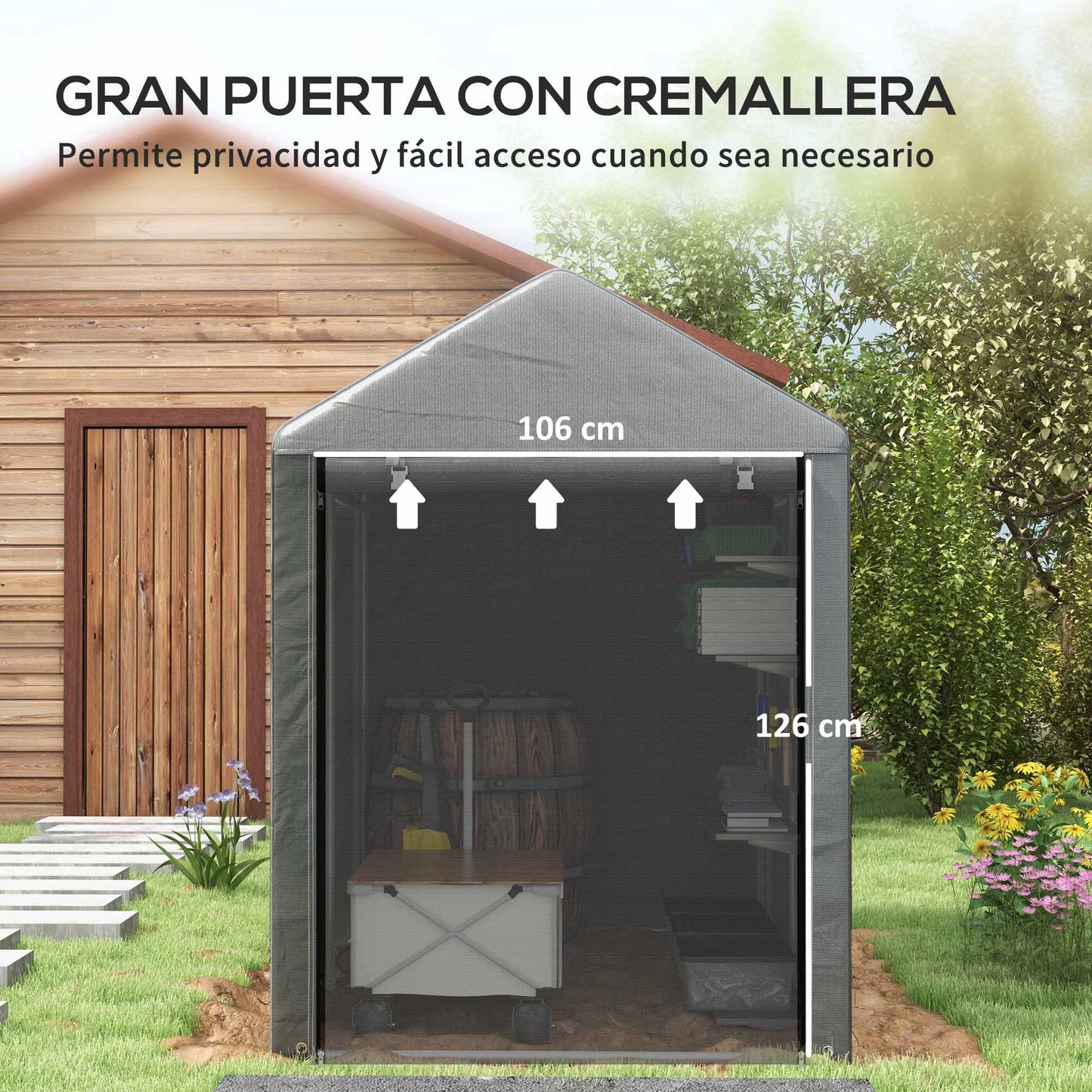 Outsunny Carpa para Herramientas Bicicletas y Motos 1,2x1,8x1,65 m Garaje Portátil con 2 Habitaciones Puerta con Cremallera Impermeable Anti-UV Cochera Portátil para Jardín Gris Oscuro