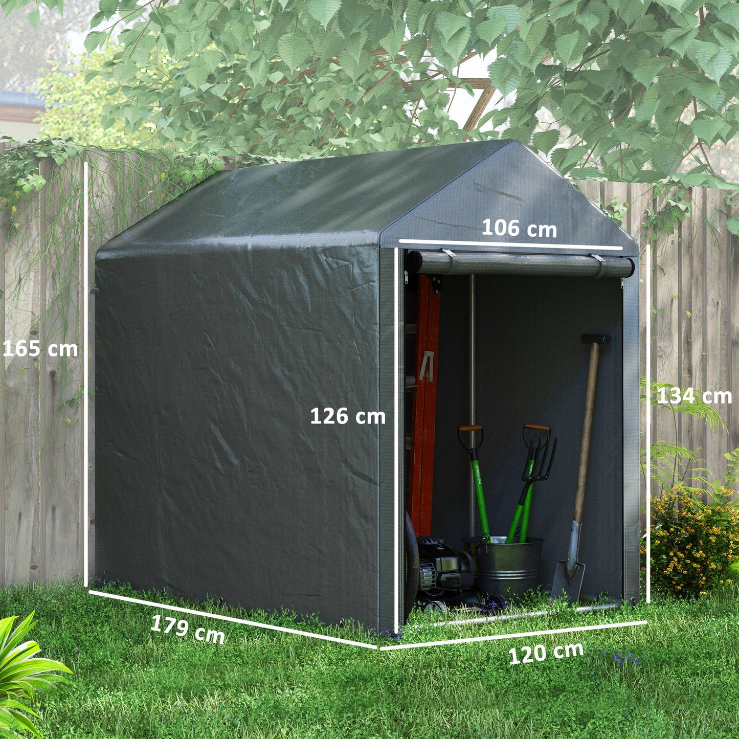 Outsunny Carpa para Herramientas Bicicletas y Motos 1,2x1,8x1,65 m Garaje Portátil con 2 Habitaciones Puerta con Cremallera Impermeable Anti-UV Cochera Portátil para Jardín Gris Oscuro