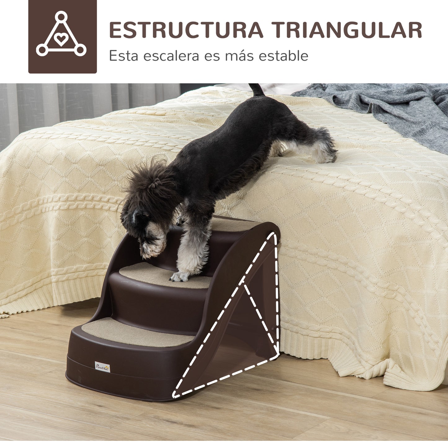 PawHut Escalera para Perros de 3 Peldaños Plegable Escalón de Plástica para Mascotas con Alfombras Antideslizantes para Cama Sofá Carga 15 kg 49x38x38 cm Marrón