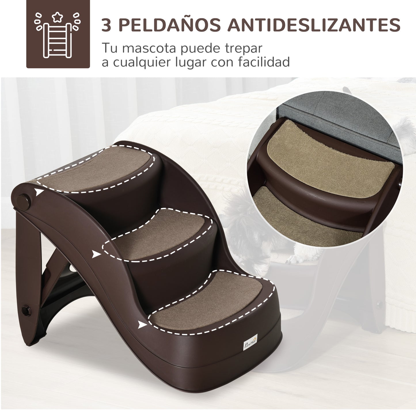 PawHut Escalera para Perros de 3 Peldaños Plegable Escalón de Plástica para Mascotas con Alfombras Antideslizantes para Cama Sofá Carga 15 kg 49x38x38 cm Marrón