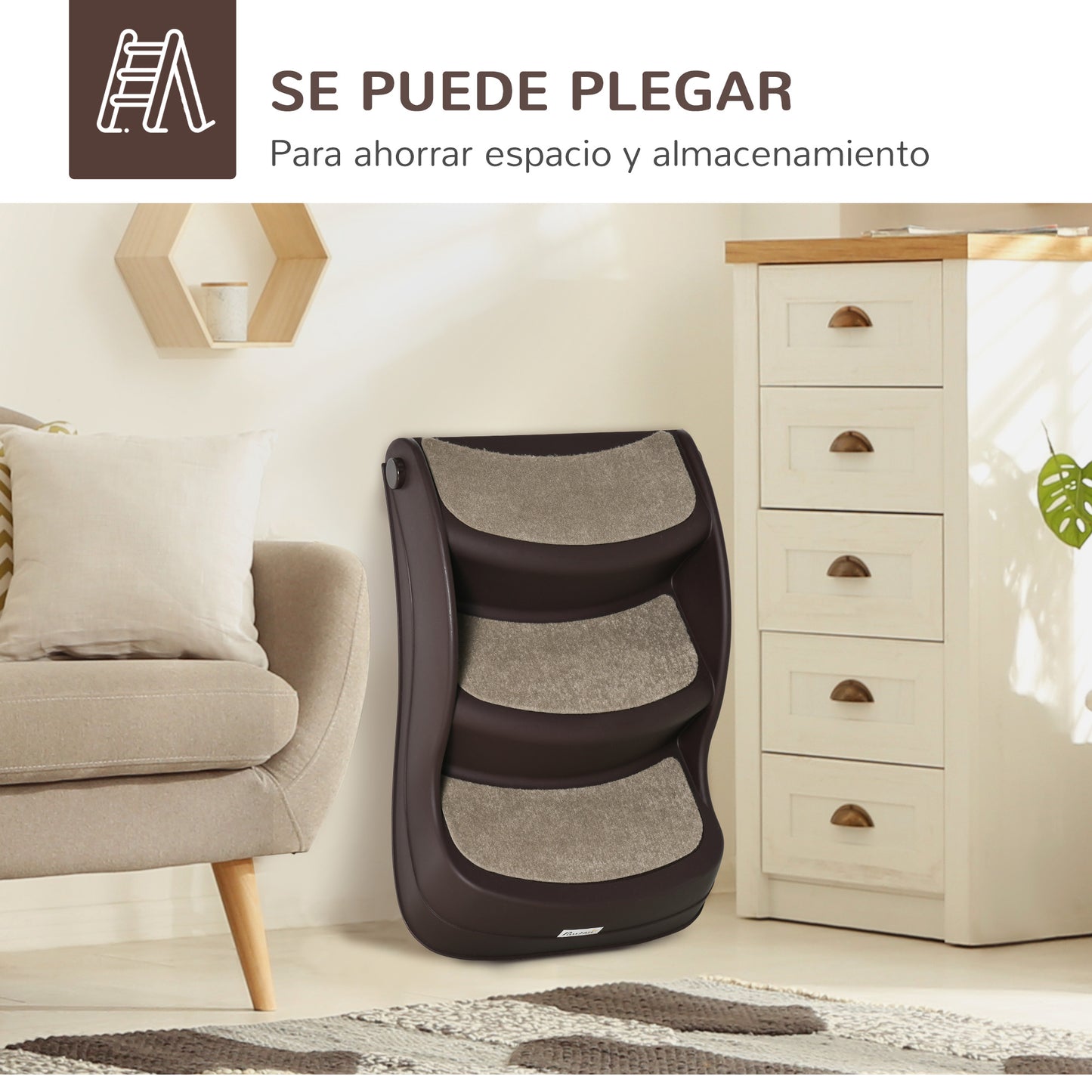 PawHut Escalera para Perros de 3 Peldaños Plegable Escalón de Plástica para Mascotas con Alfombras Antideslizantes para Cama Sofá Carga 15 kg 49x38x38 cm Marrón