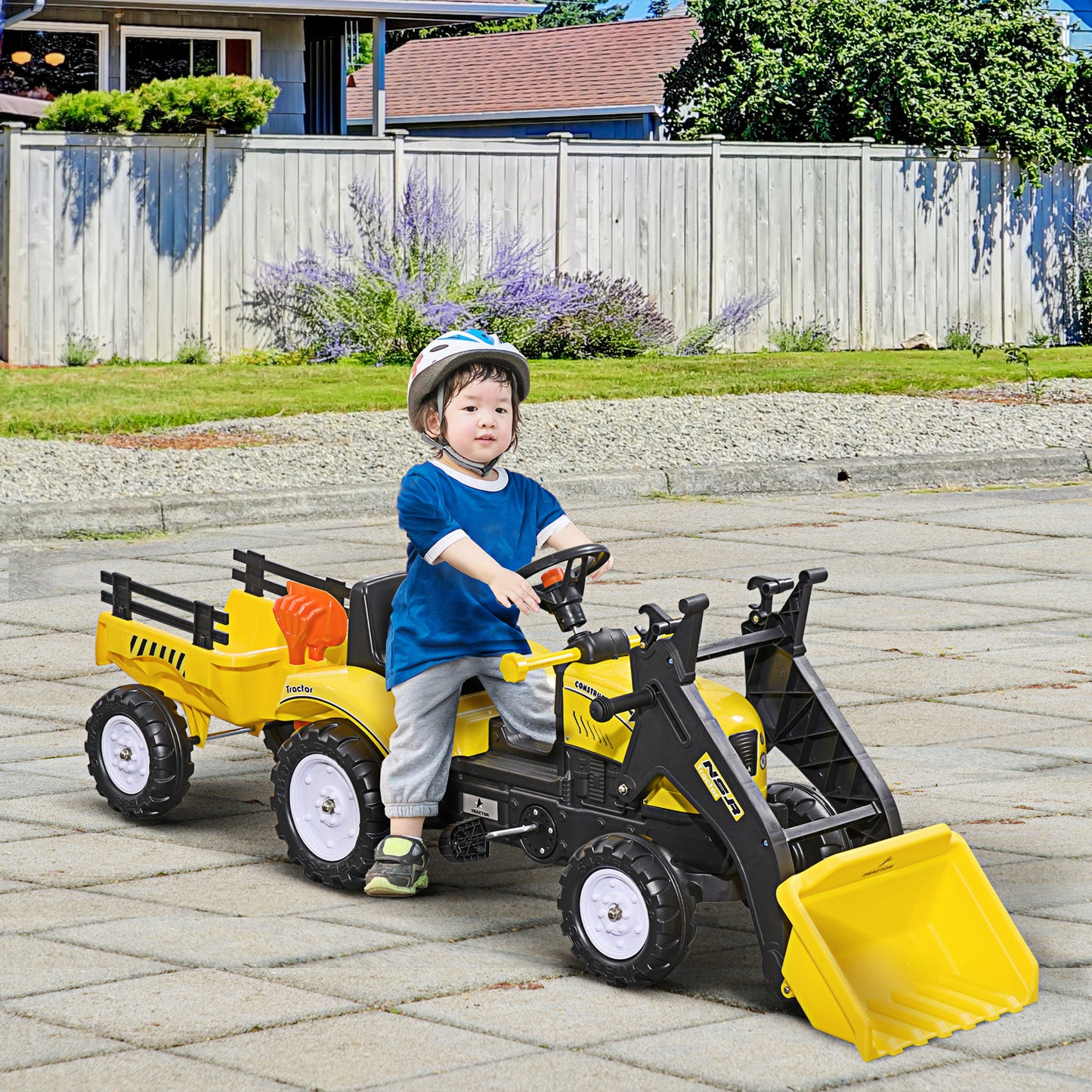 HOMCOM Tractor a Pedales para Niños de 3 Años Excavadora Infantil Juguete de Montar con Remolque Extraíble y Pala Delantera Carga 35 kg 167x41x52 cm Amarillo