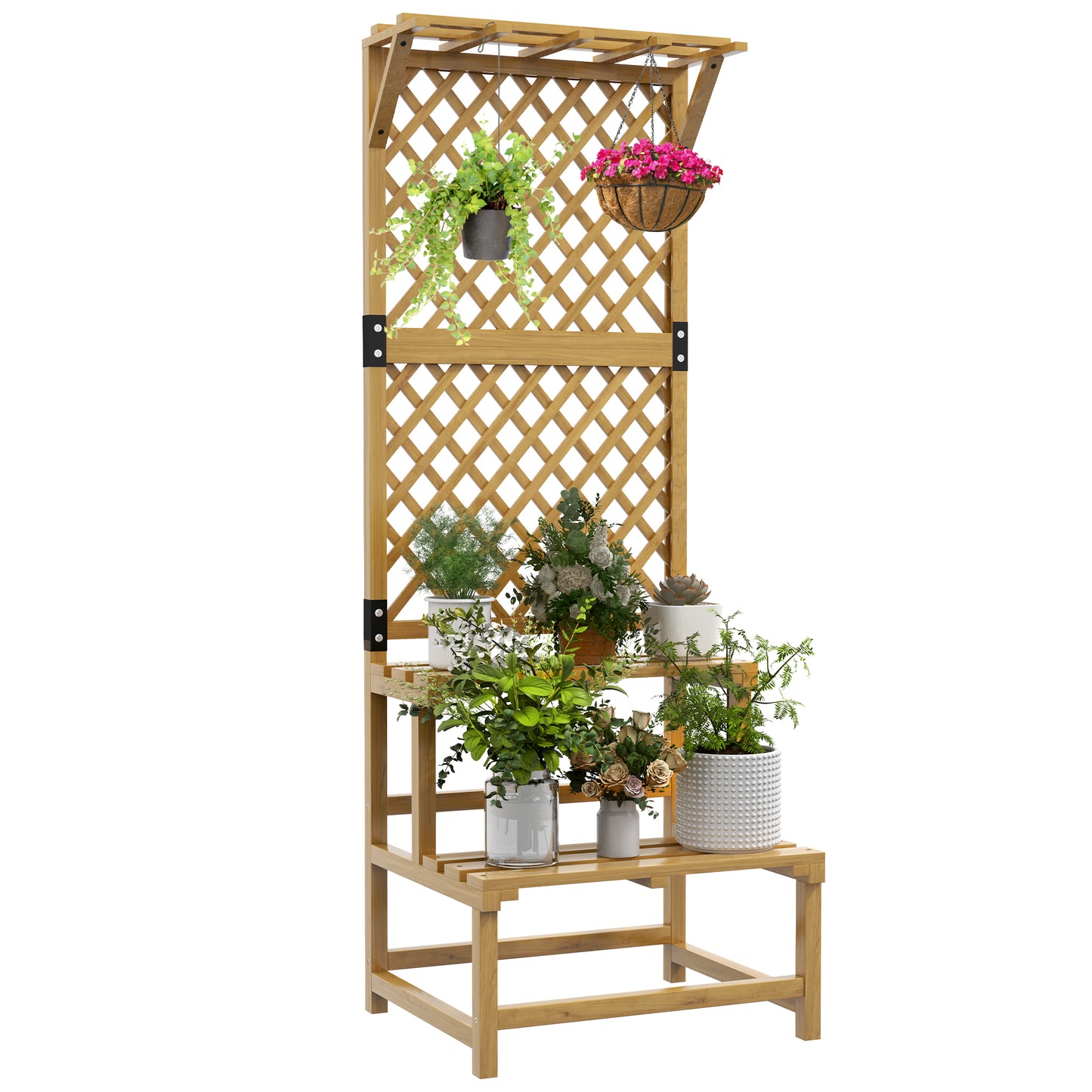 Outsunny Soporte para Plantas de Madera Estantería para Plantas de 2 Niveles Soporte para Macetas Exterior con Enrejado para Jardín Patio Terraza Natural