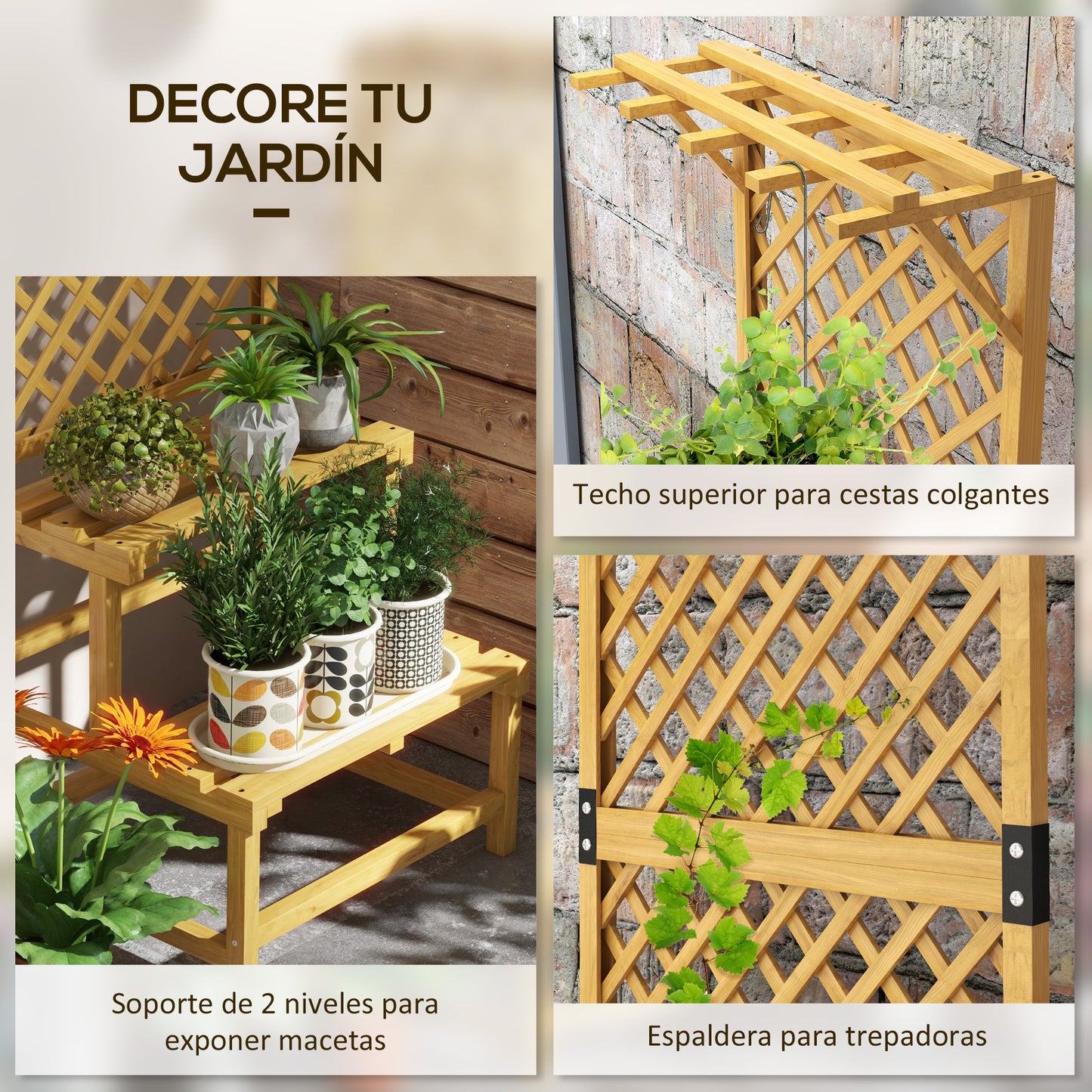 Outsunny Soporte para Plantas de Madera Estantería para Plantas de 2 Niveles Soporte para Macetas Exterior con Enrejado para Jardín Patio Terraza Natural