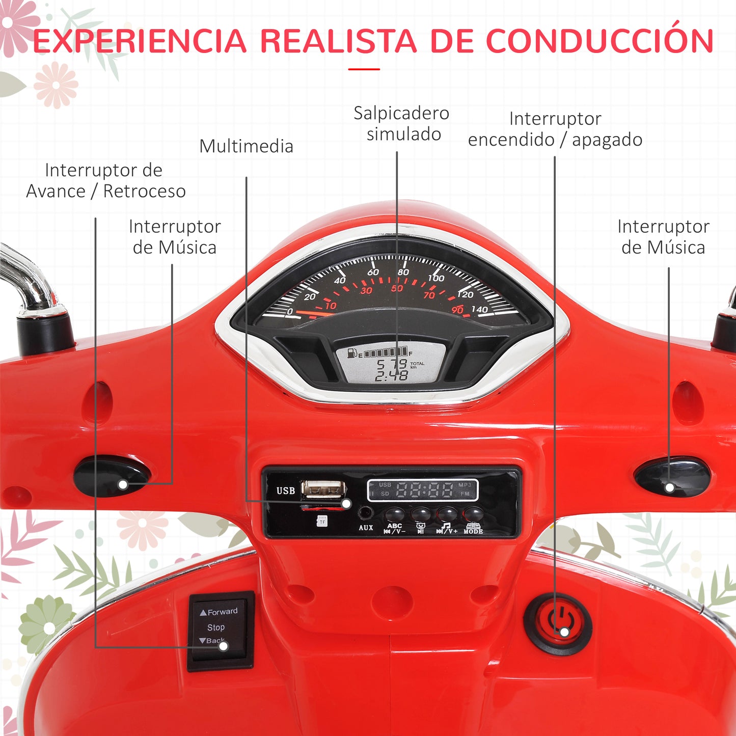 HOMCOM Moto Eléctrica para Niños de 3-6 Años con Licencia VESPA Moto de Batería para Niños con Música Velocidad 2-3 km/h y Bocina Carga 25 kg Rojo