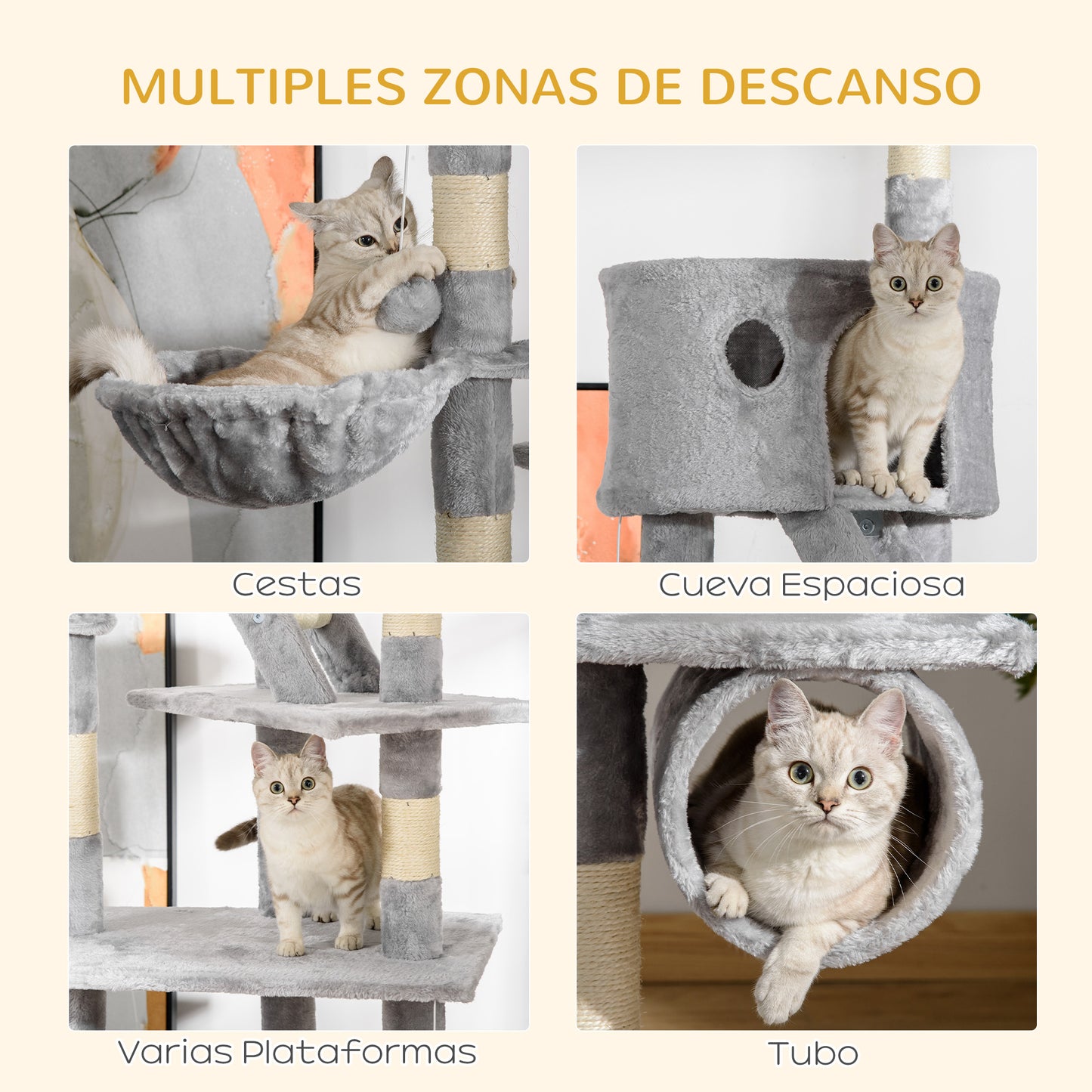 PawHut Árbol para Gatos de Suelo a Techo de 240-260 cm Árbol Rascador para Gatos con Altura Ajustable Múltiples Plataformas Cuevas Cestos y Rampas Gris Claro