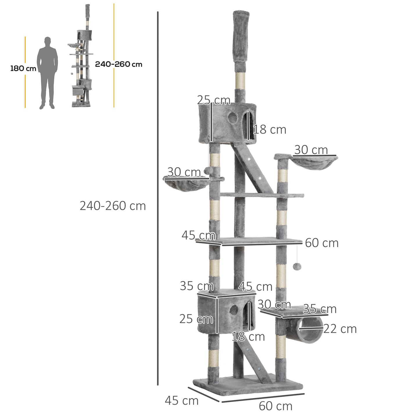 PawHut Árbol para Gatos de Suelo a Techo de 240-260 cm Árbol Rascador para Gatos con Altura Ajustable Múltiples Plataformas Cuevas Cestos y Rampas Gris Claro